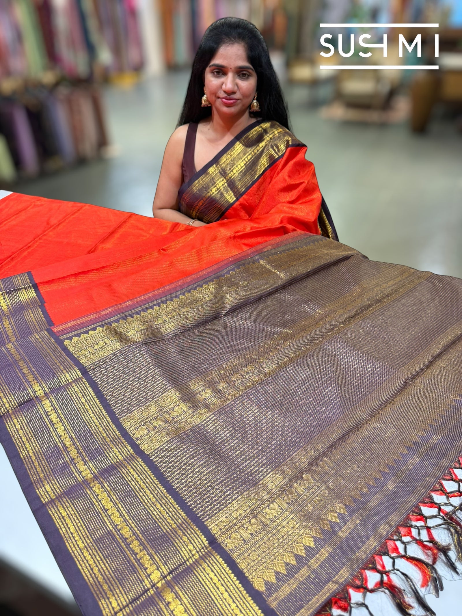 Fanta Orange Vaira Oosi Stripes Vintage Kanjeevaram Saree : S62F120