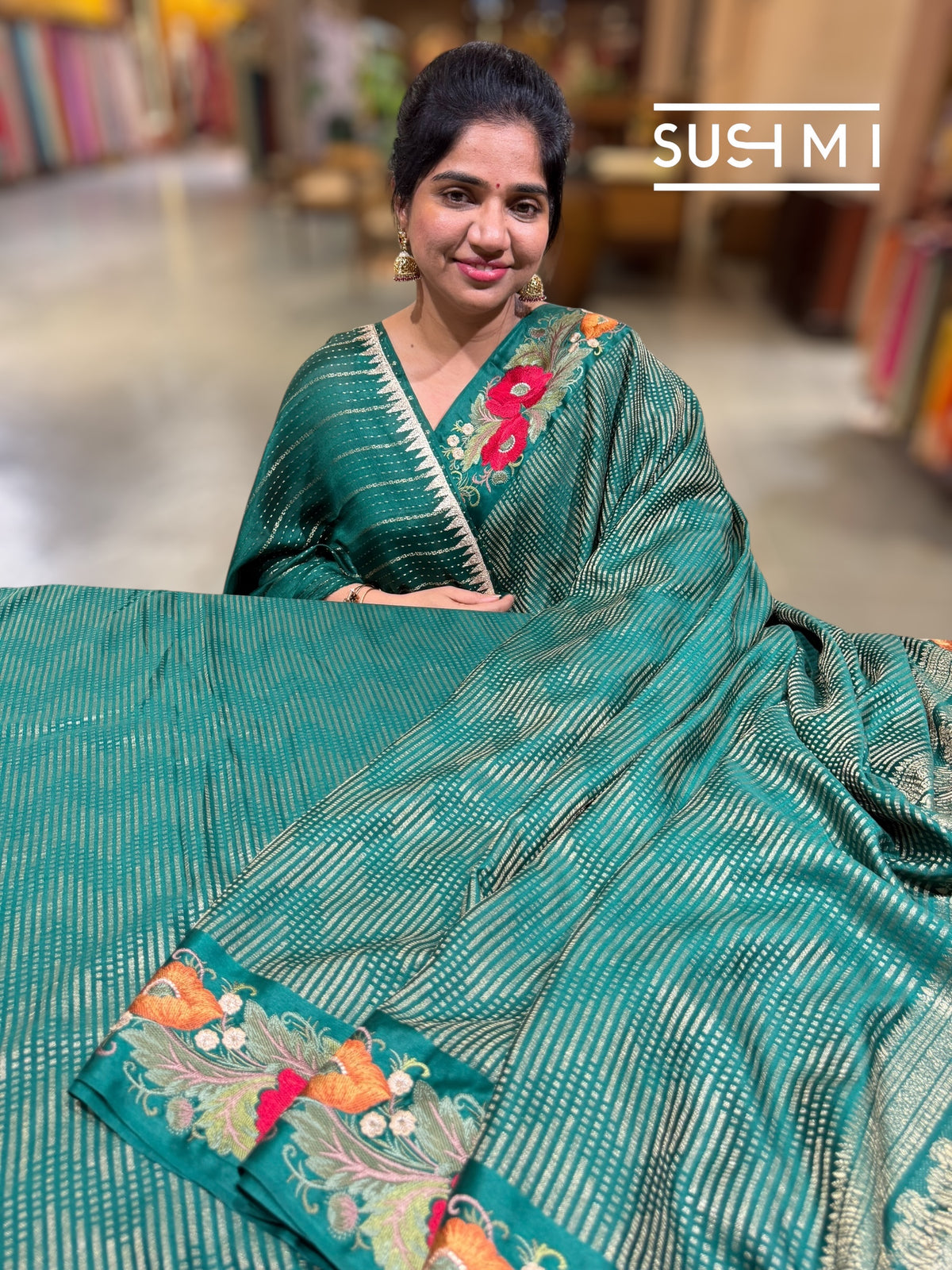 Bottle Green Mysore silk with embroidered border S62F063