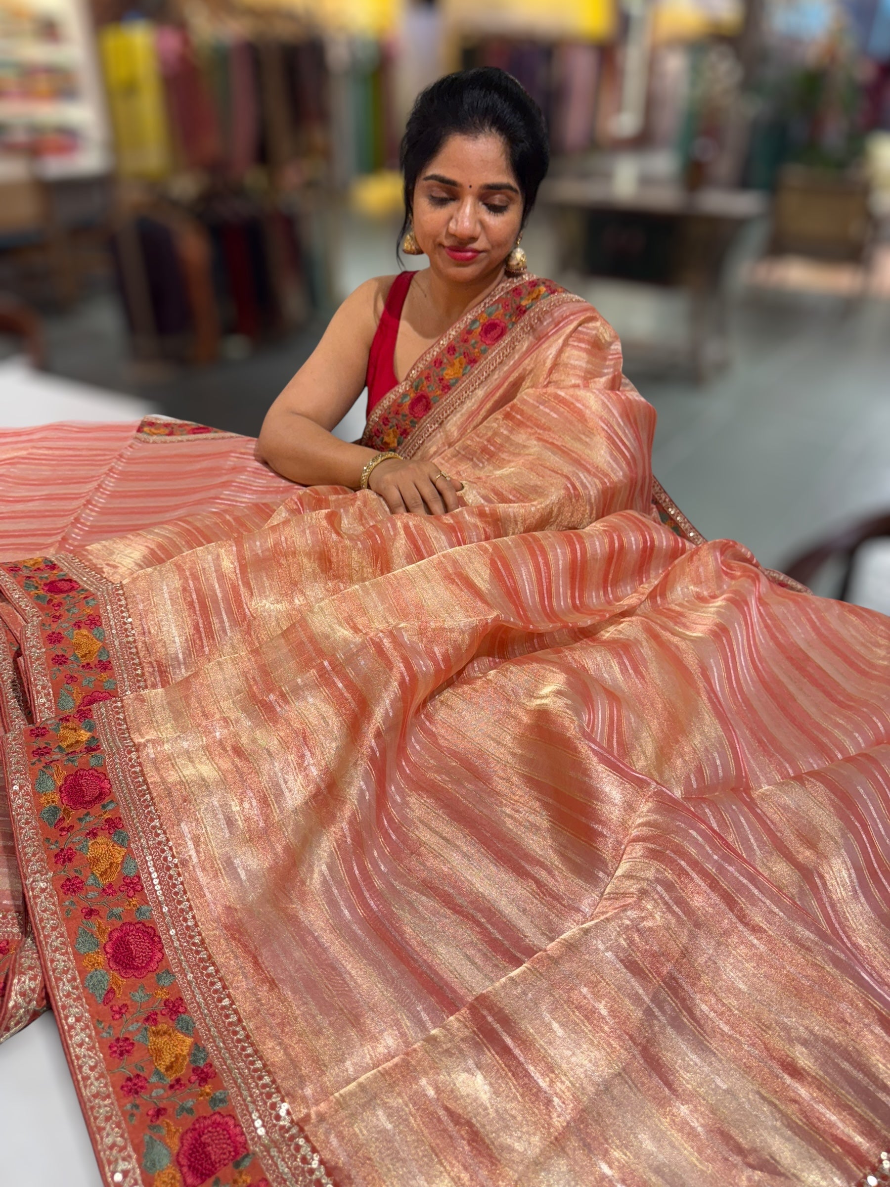 Peachish Rust Kora Tissue Stripes Saree with Sabhyasachi Style Embroidered Borders & Blouse