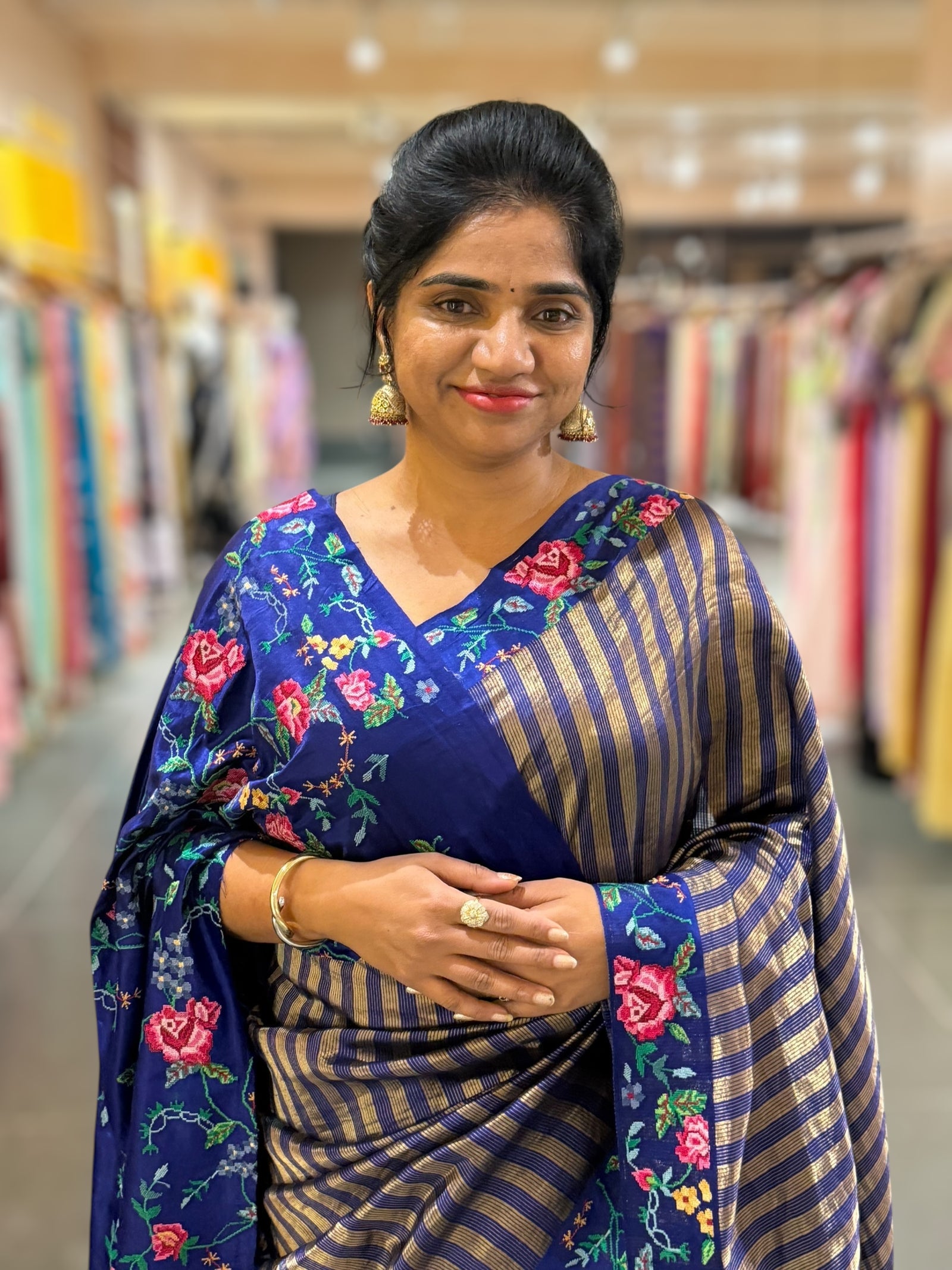 Blue Banarasi Tissue stripes Saree with petite point embroidery