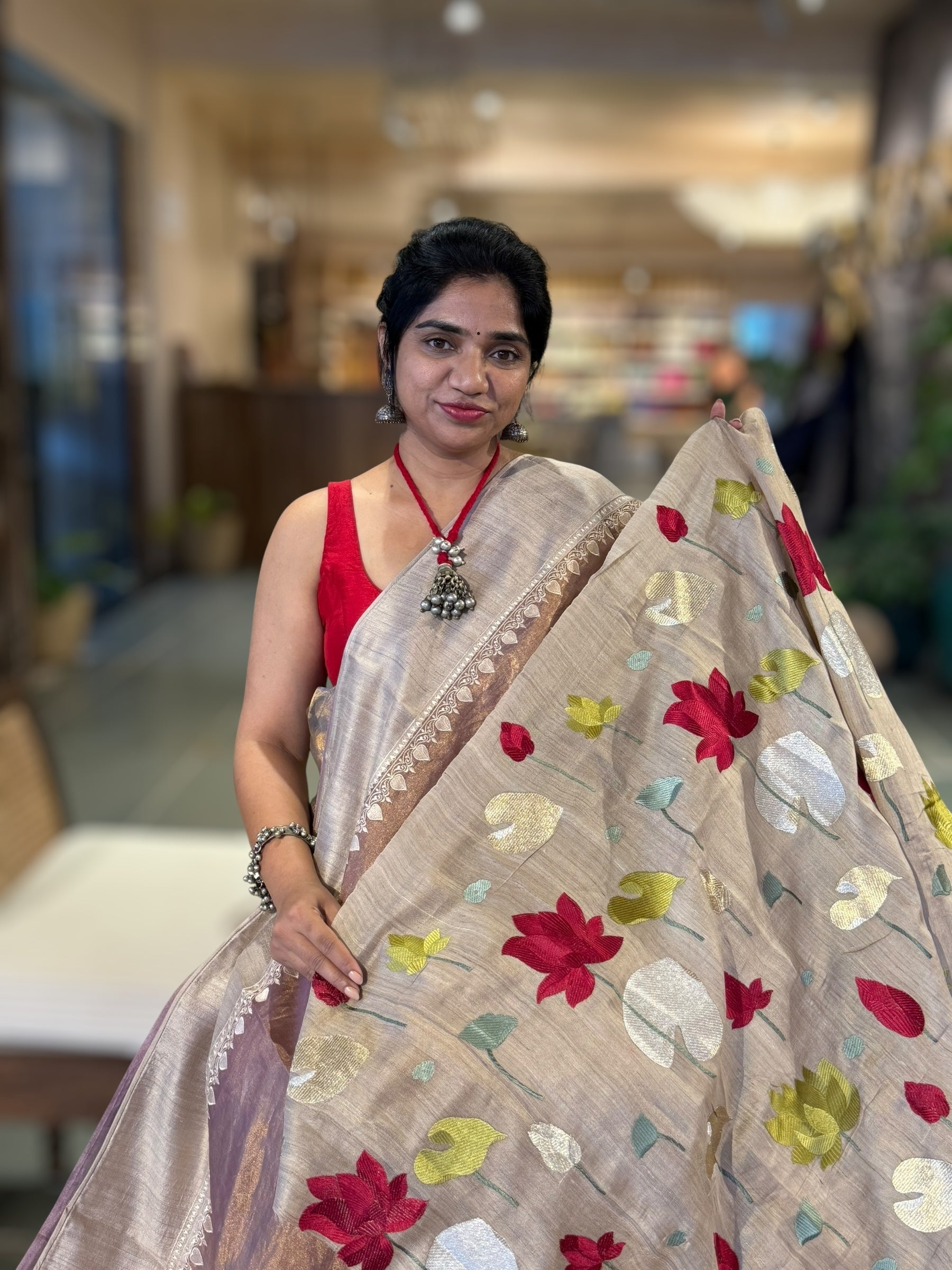 Lilac Designer Handloom Tissue Saree With Tulip embroidery