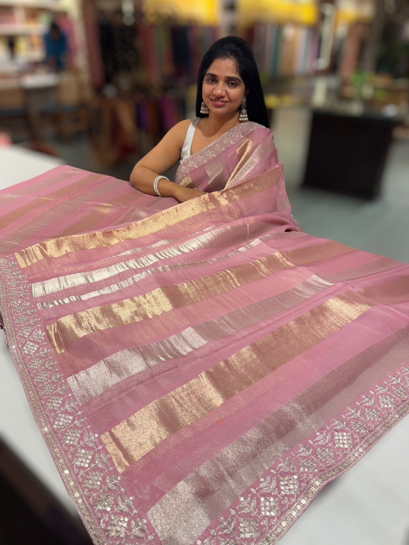 Onion Pink Kora tissue stripes saree