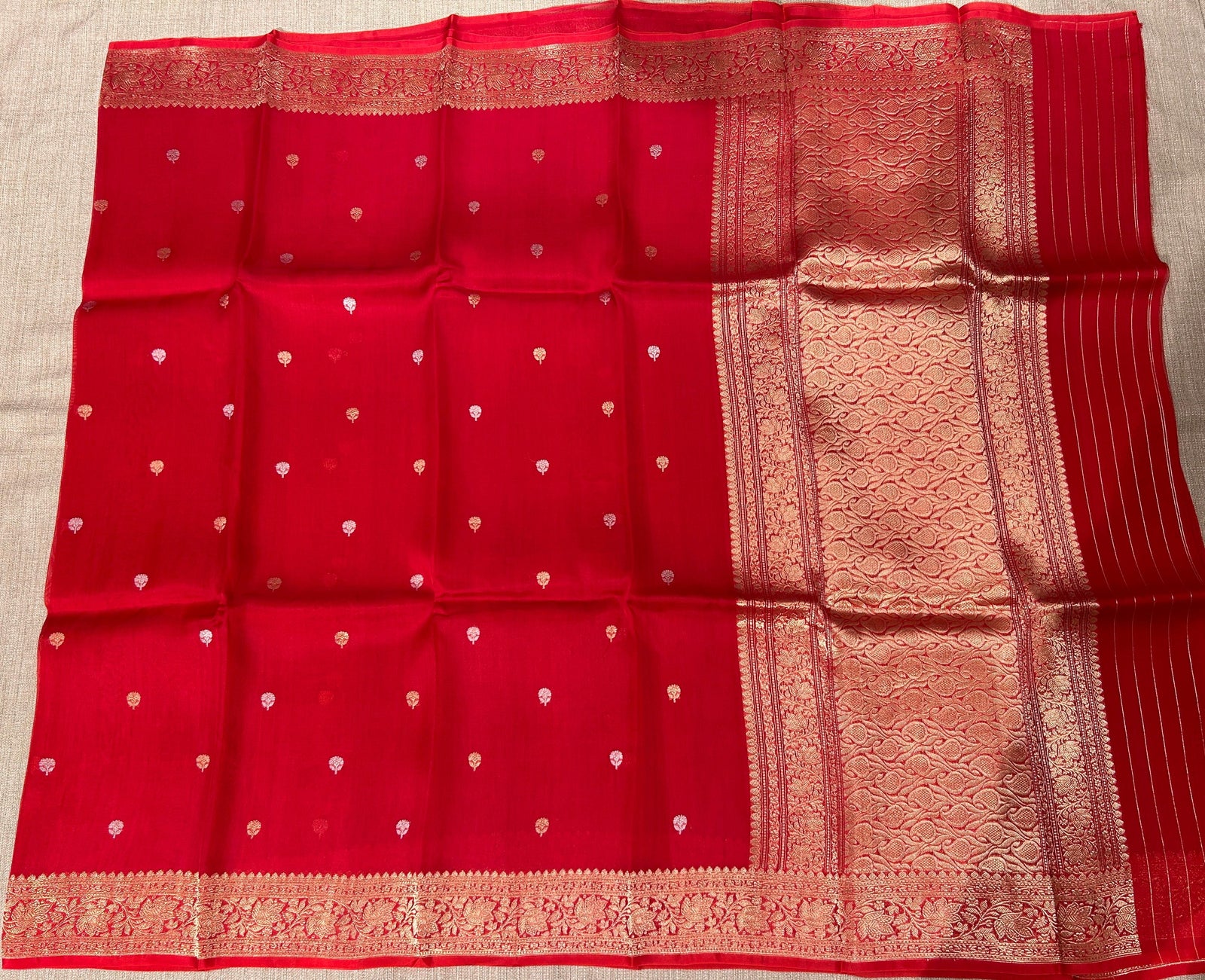 Red monotone look Pure Handloom premium Kora Banarasi Saree with heavy weaving border