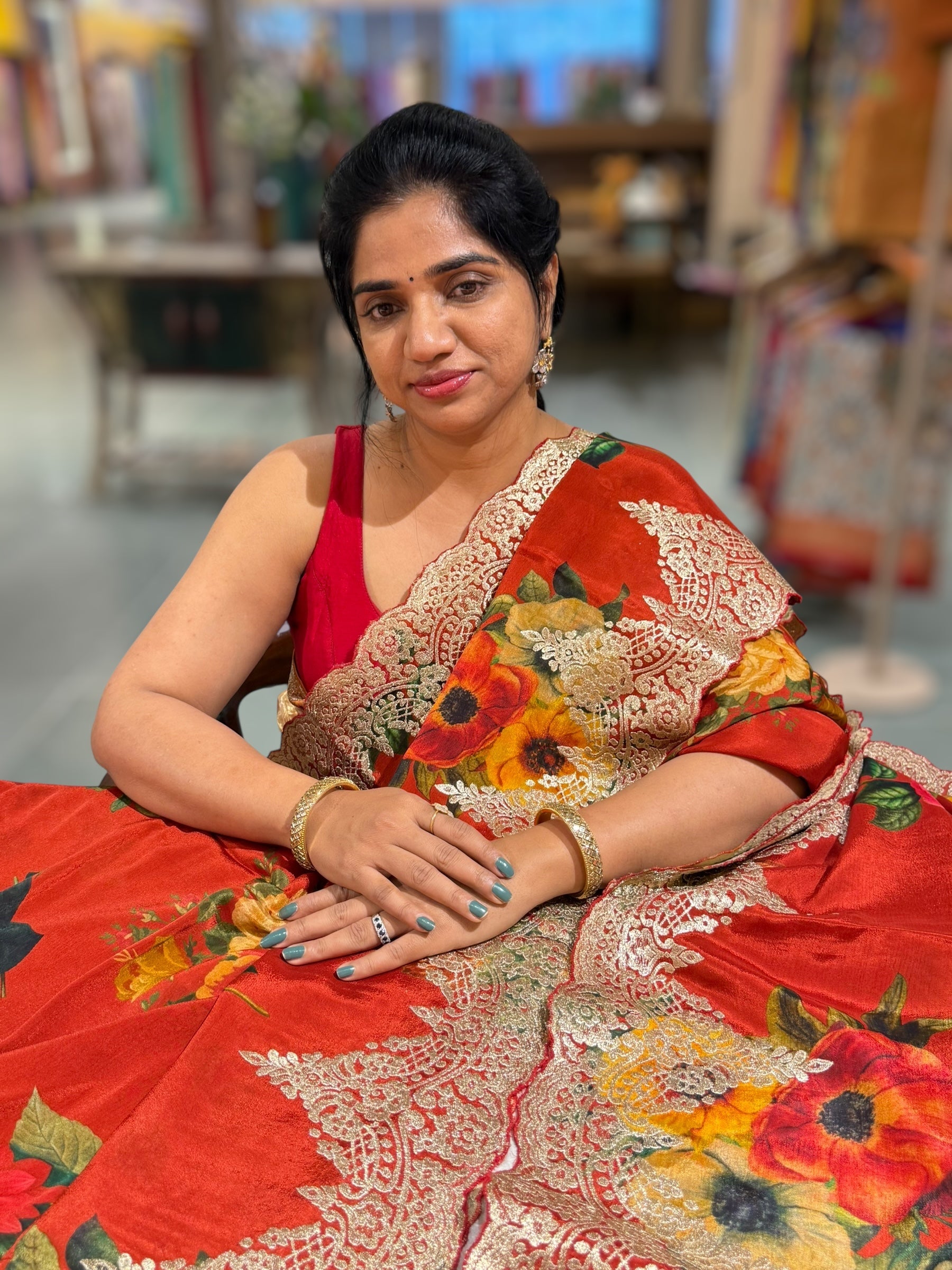 Red Crepe Printed Saree with Chanitlly Lace style Embroidery