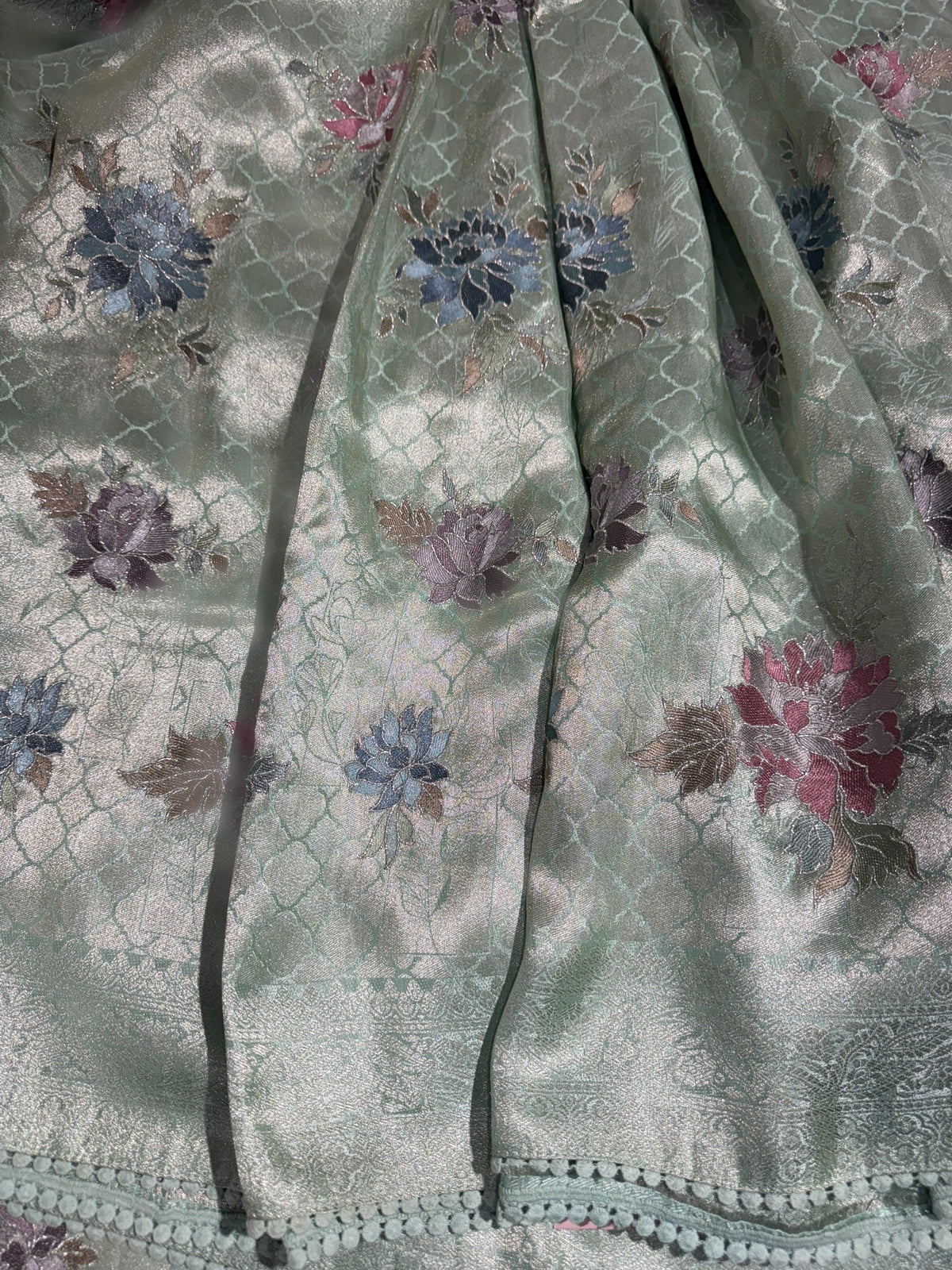 Mint Banarasi Brocade tissue saree with allover floral embroidery