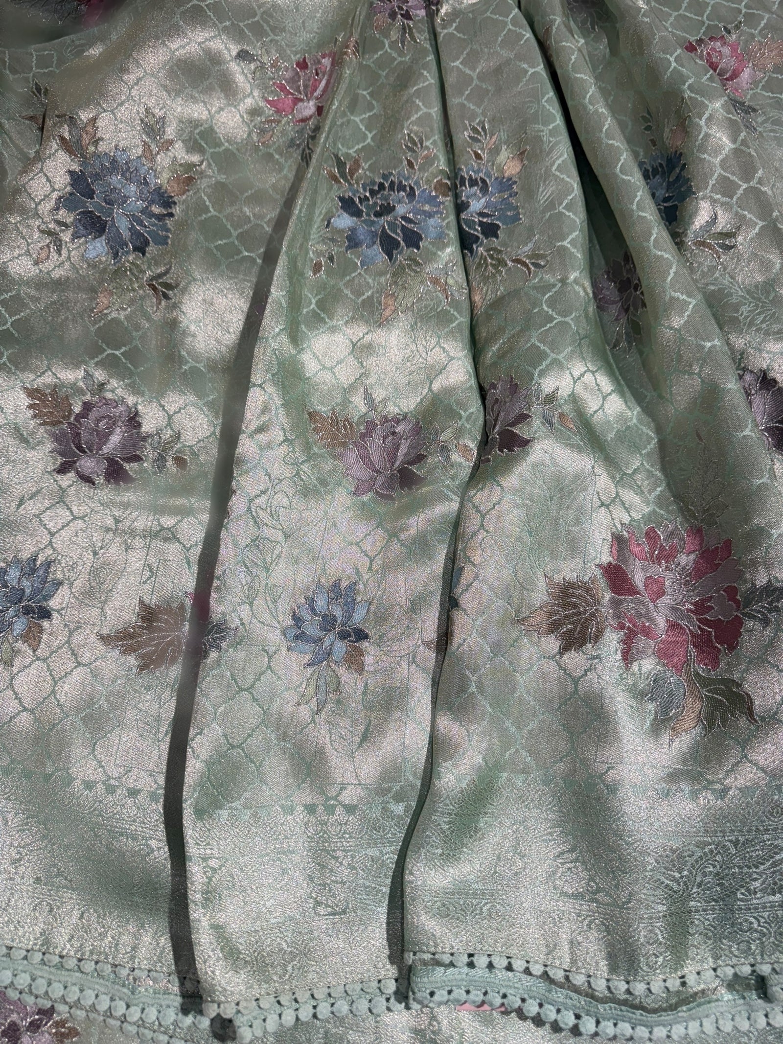 Mint Banarasi Brocade tissue saree with allover floral embroidery