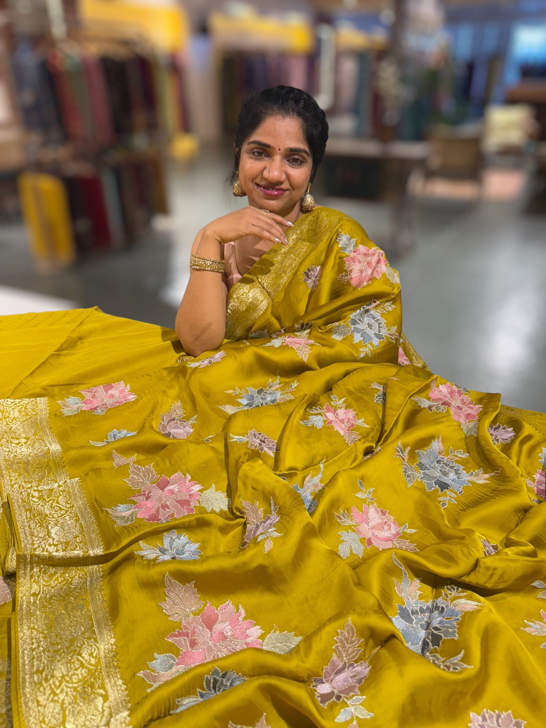 Lemon Greenish Yellow Mashru Satin Saree with Allover Floral embroidery