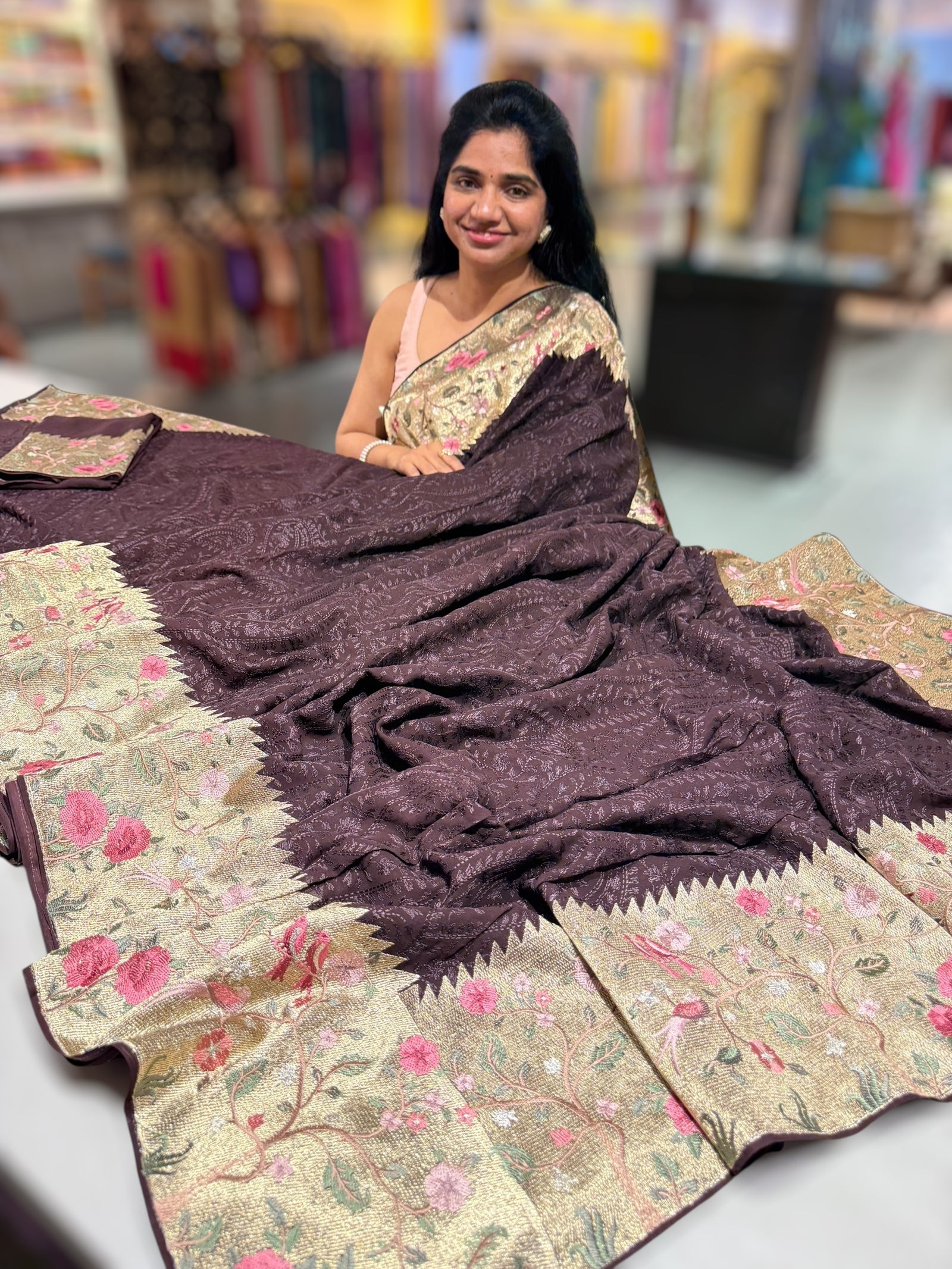 Brown Chikankari Georgette Saree with Tissue embroidered Border