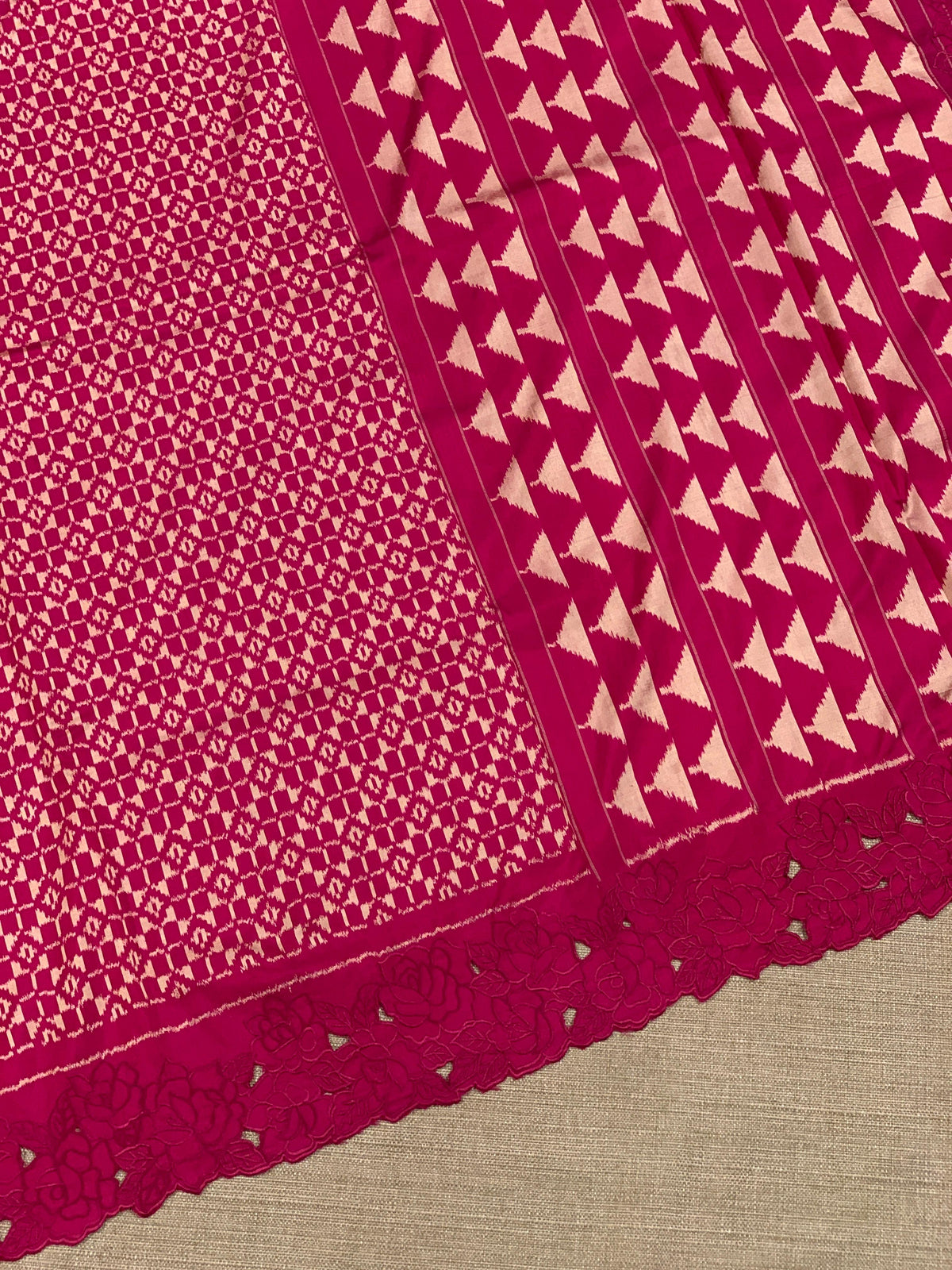 Beetroot Pink Cambodian–inspired Ikkat Silk Saree with cutwork Rose Border
