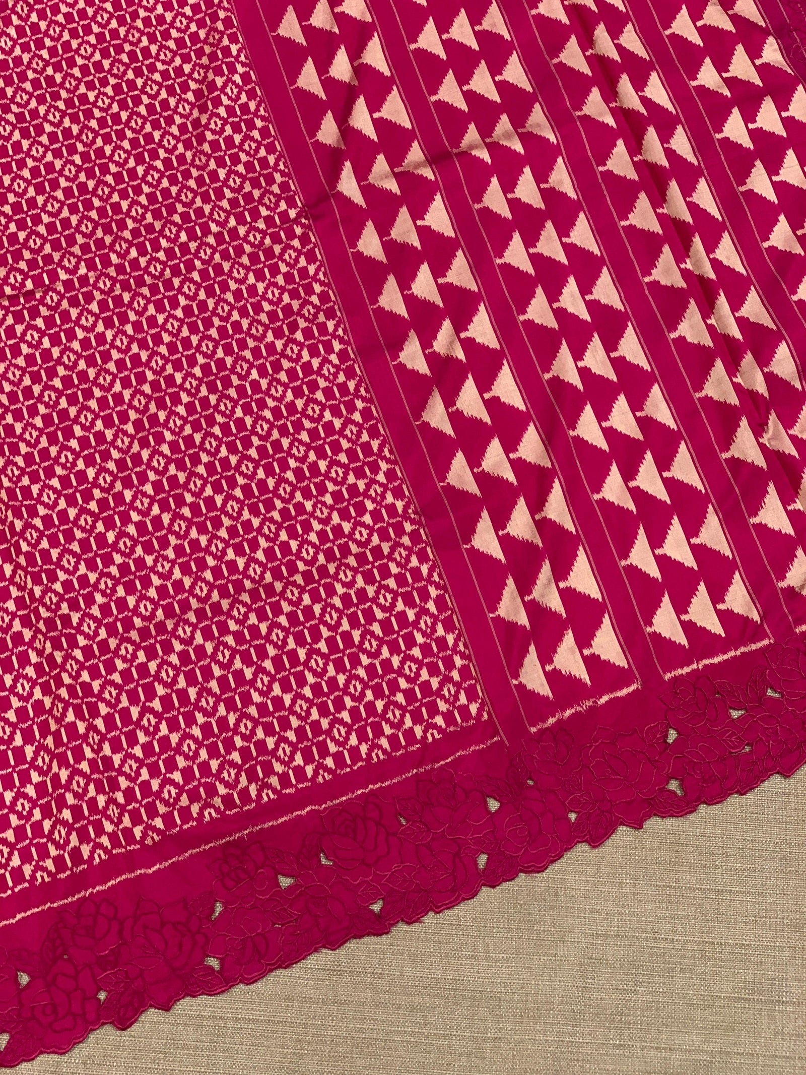 Beetroot Pink Cambodian–inspired Ikkat Silk Saree with cutwork Rose Border