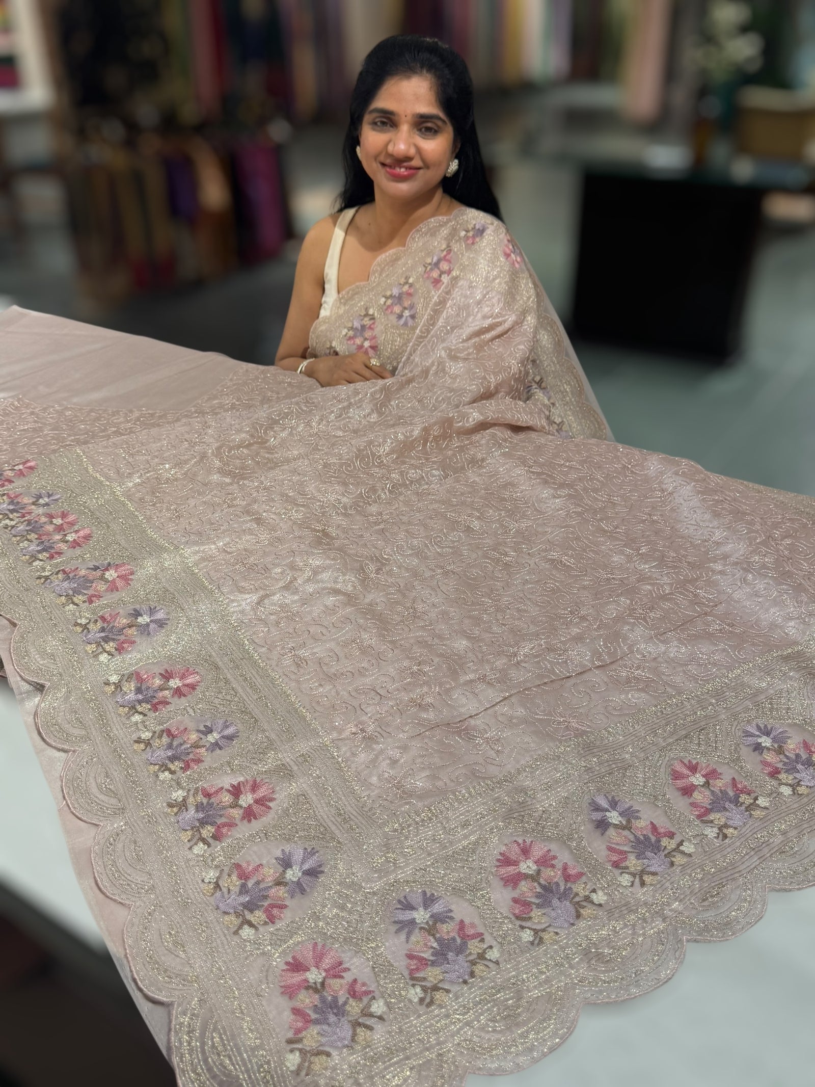 Dusty Pink Glass Organza Saree with allover embroidery