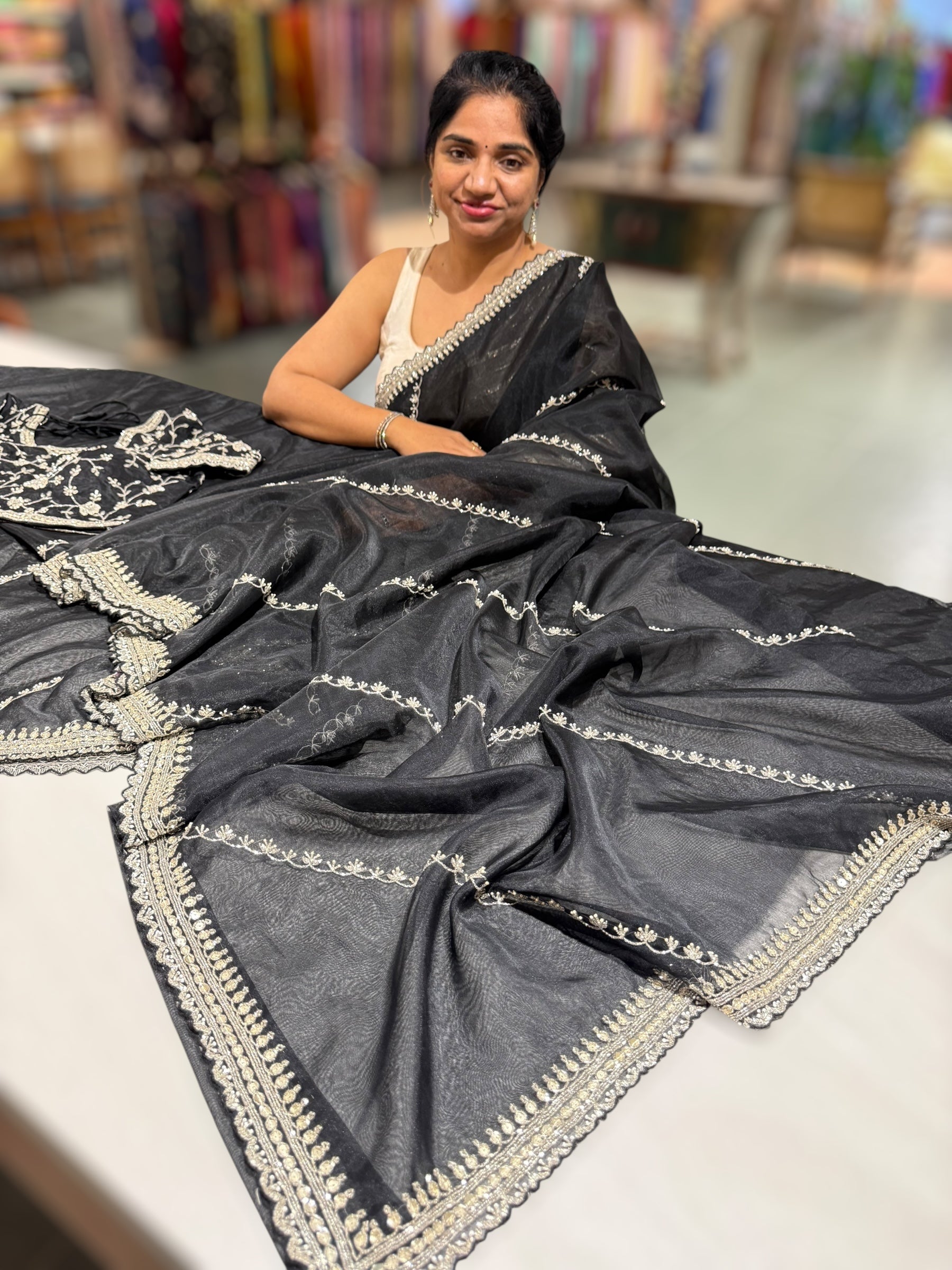 Black Organza handwork saree with ready to wear blouse