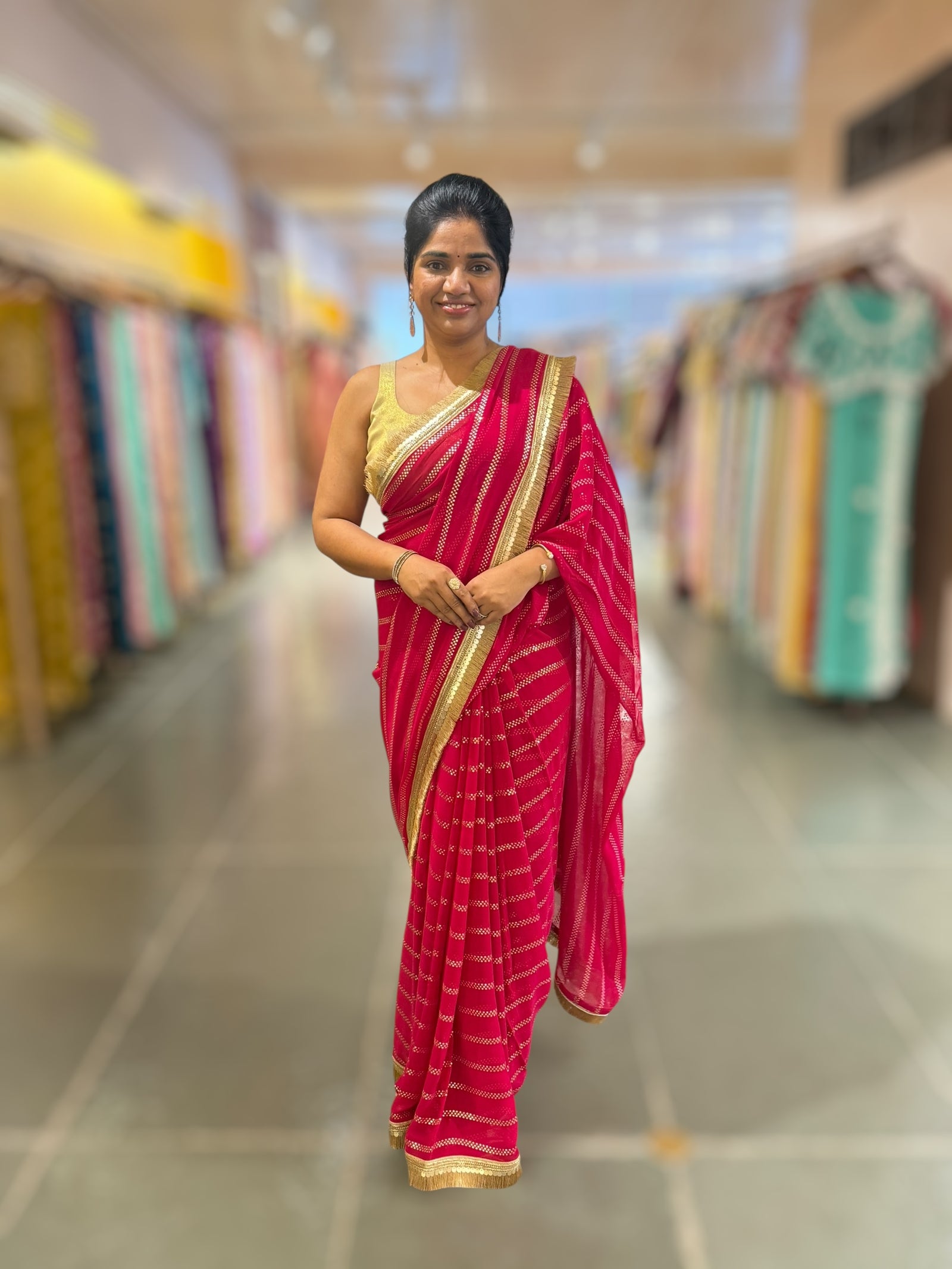 Dark Pink Georgette Saree with badla sequnce stripes: S62F073