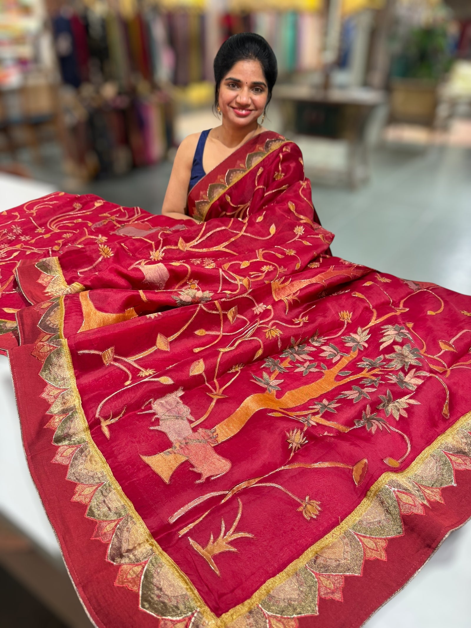 Dark Red Designer Organza Saree with Stunning Tissue Applique work Saree with Village theme