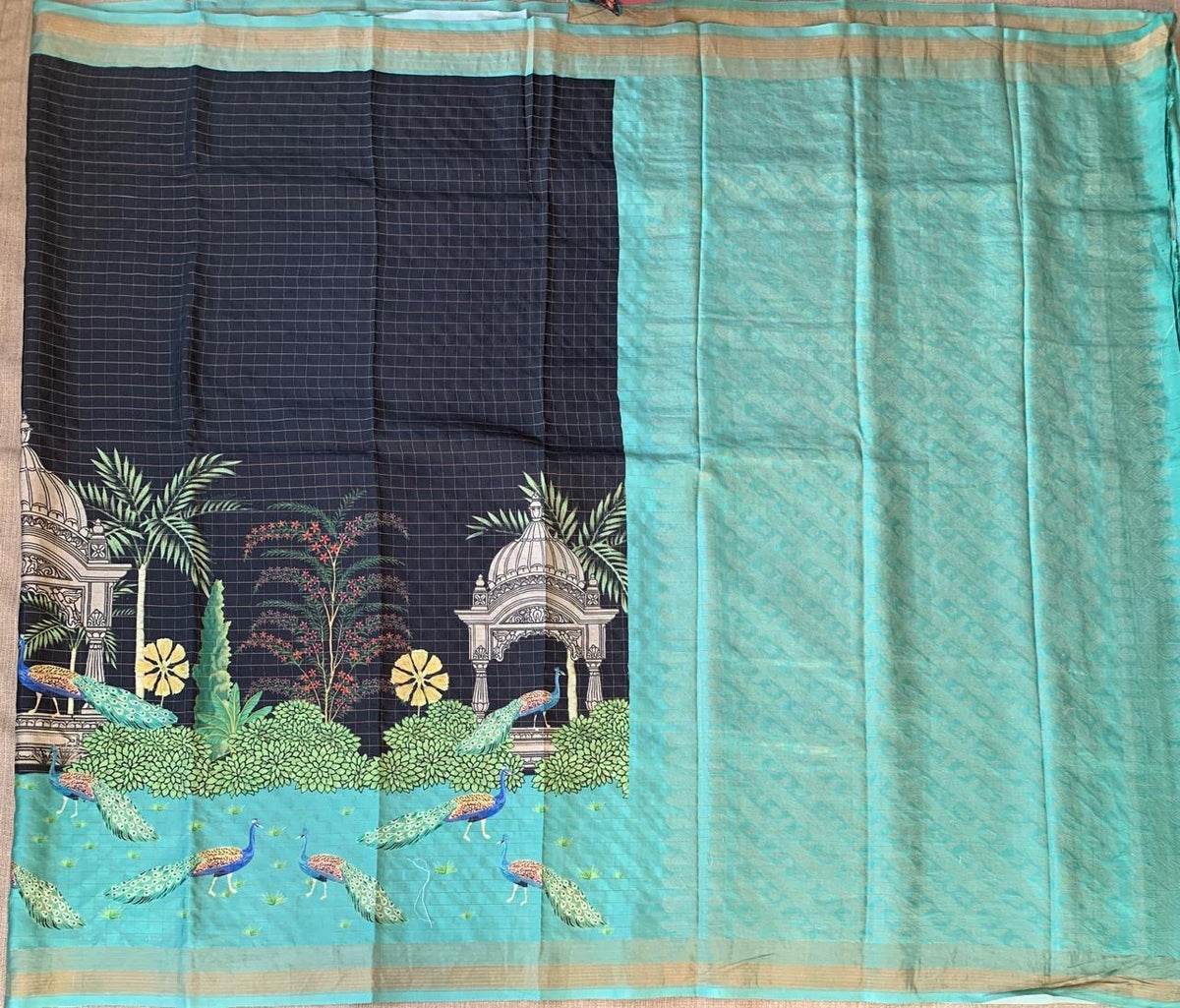 Black Checks Soft Silk with beautiful Skirt Border Peacock Print