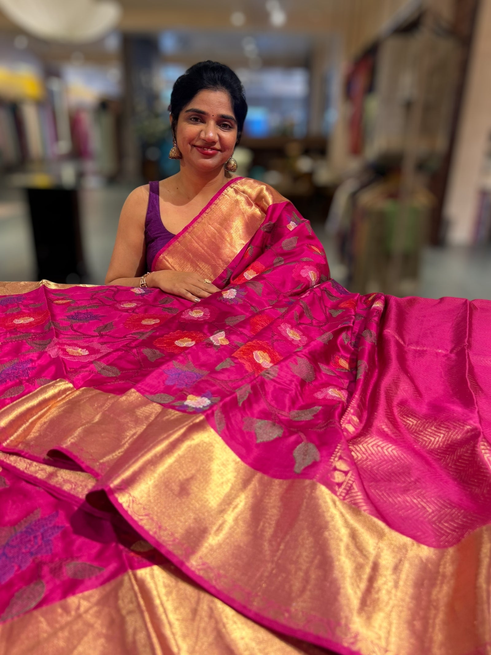 Rani Pink Kanchi Soft Silk Saree with allover jamdani inspired embroidery