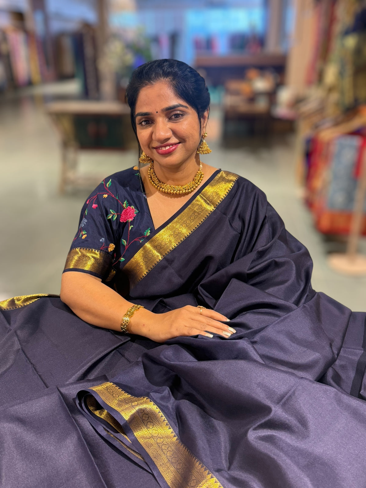 Midnight Blue Kanchi Vintage Saree with Petite Point Embroidered Blouse