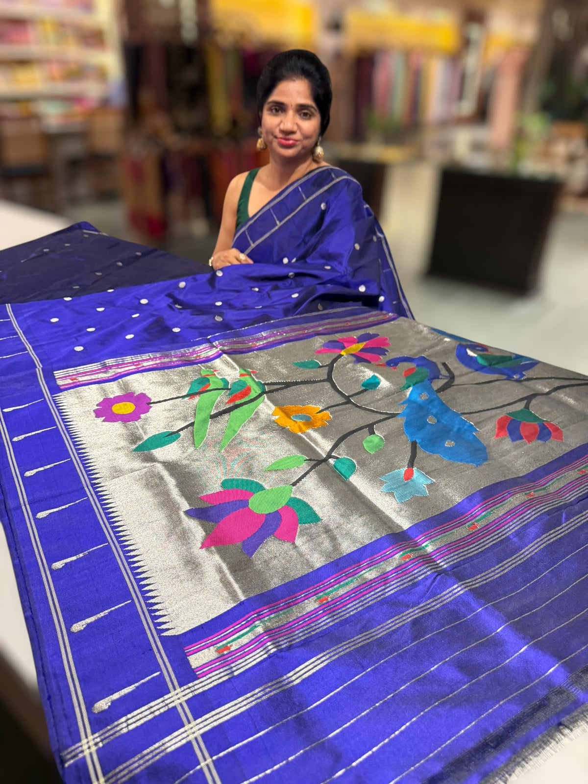 Purplish BluePure handloom paithani silk saree with single muniya border