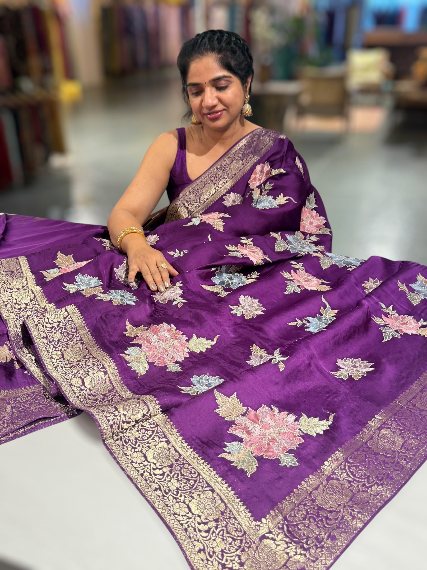 Wine Mashru Satin Saree with Allover Floral embroidery
