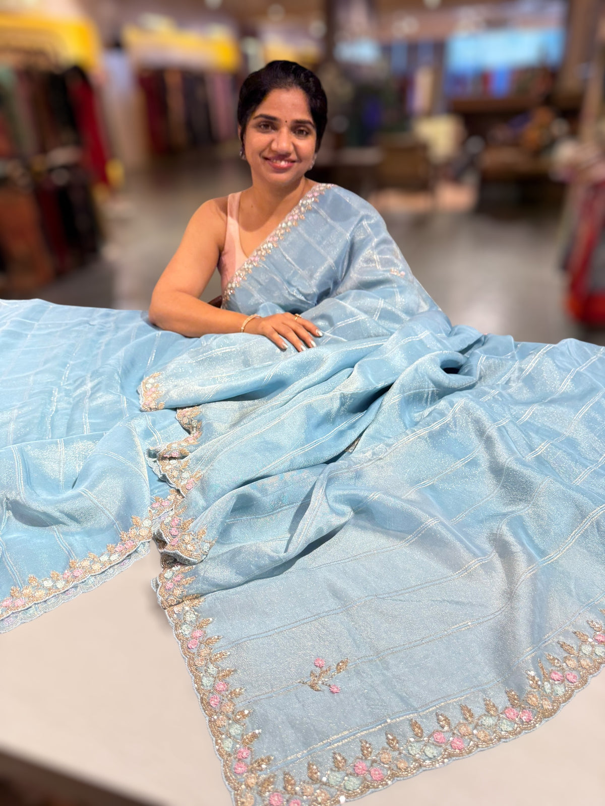 Tissue Gorgette Saree With Handwork Border and Blouse.