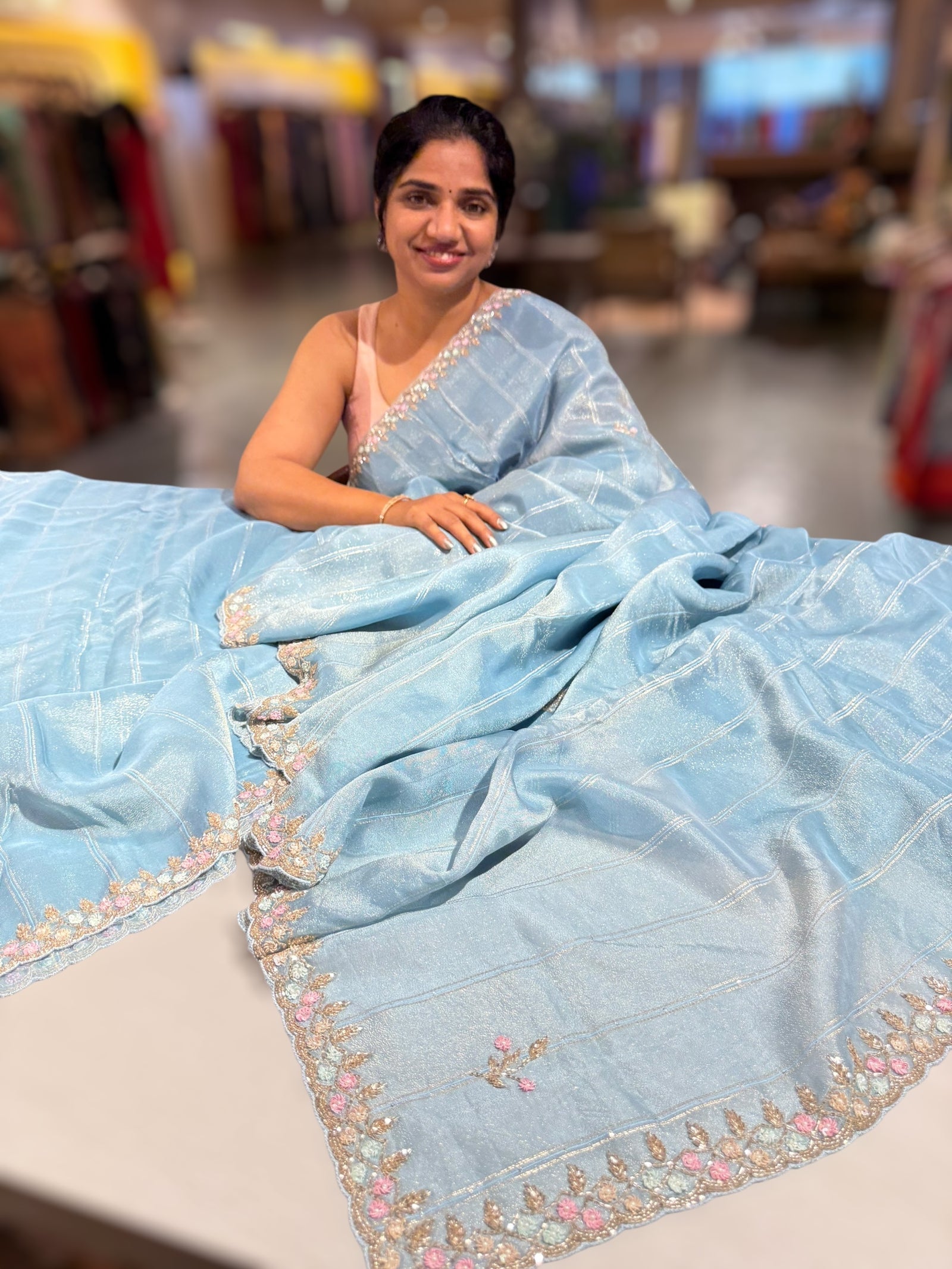 Tissue Gorgette Saree With Handwork Border and Blouse.