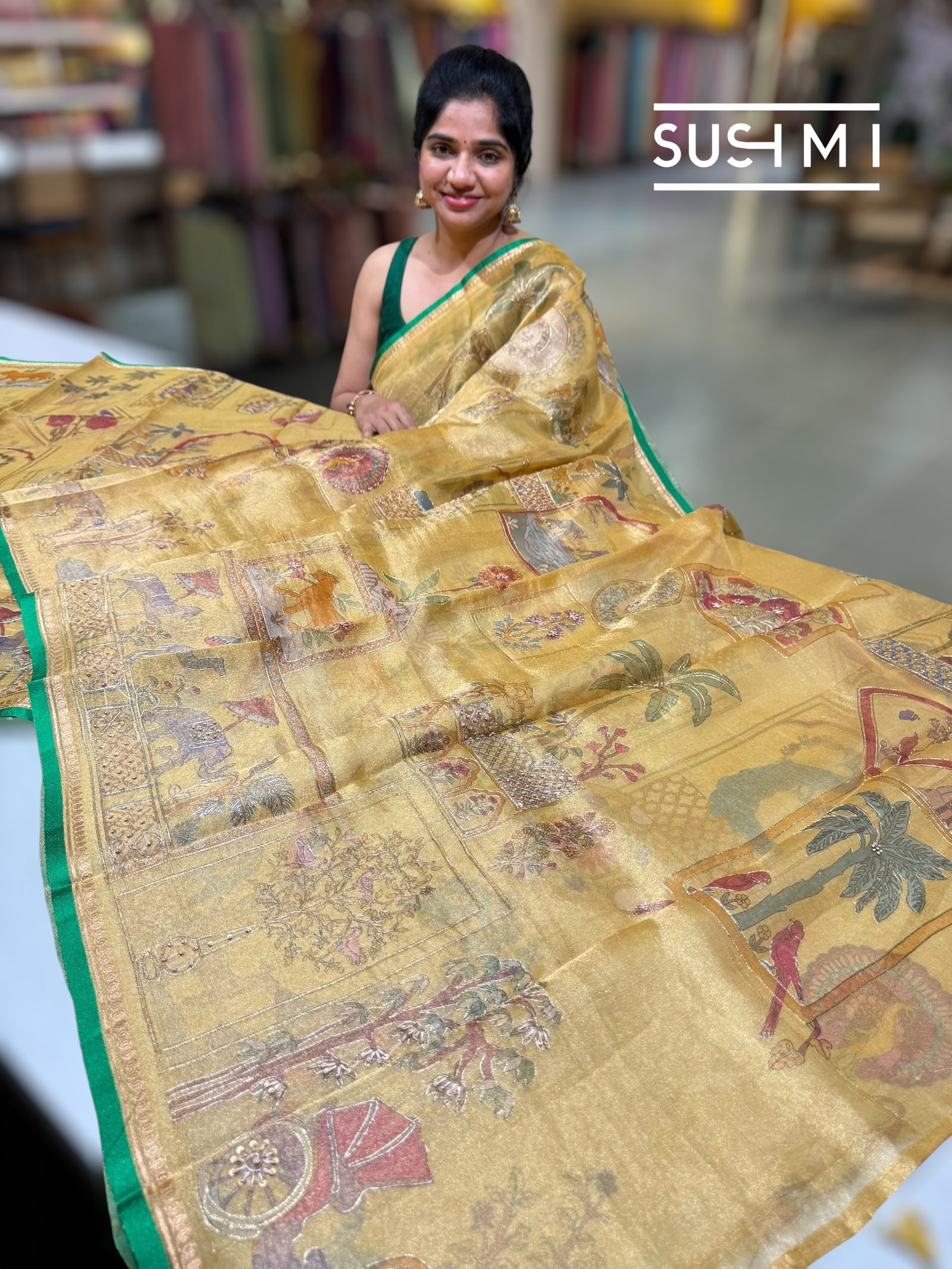 Golden Yellow Banarasi printed Tissue saree with handwork D62F056