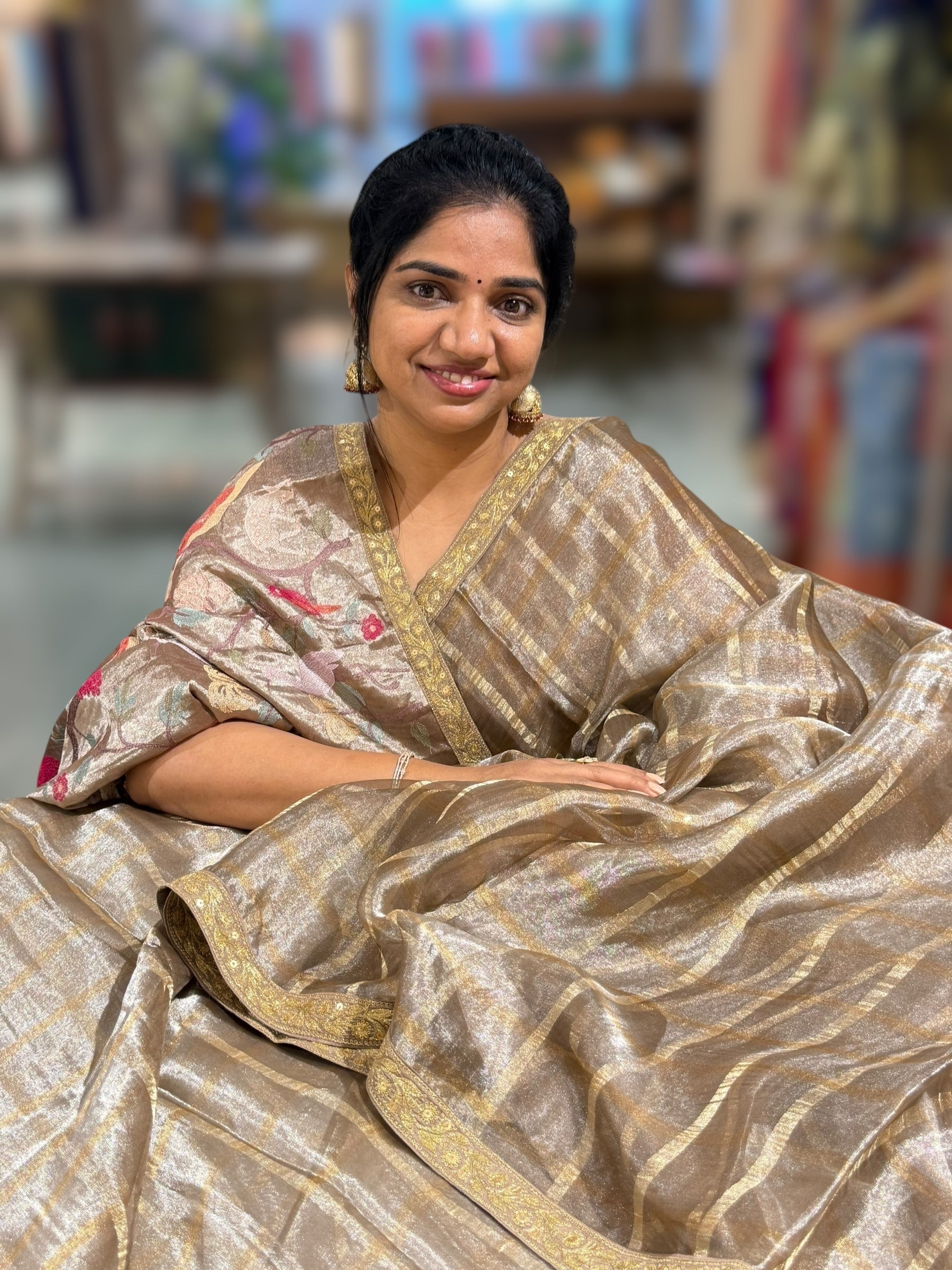 Antique Brown Banarasi Tissue checks Saree with Sabyasachi Borders