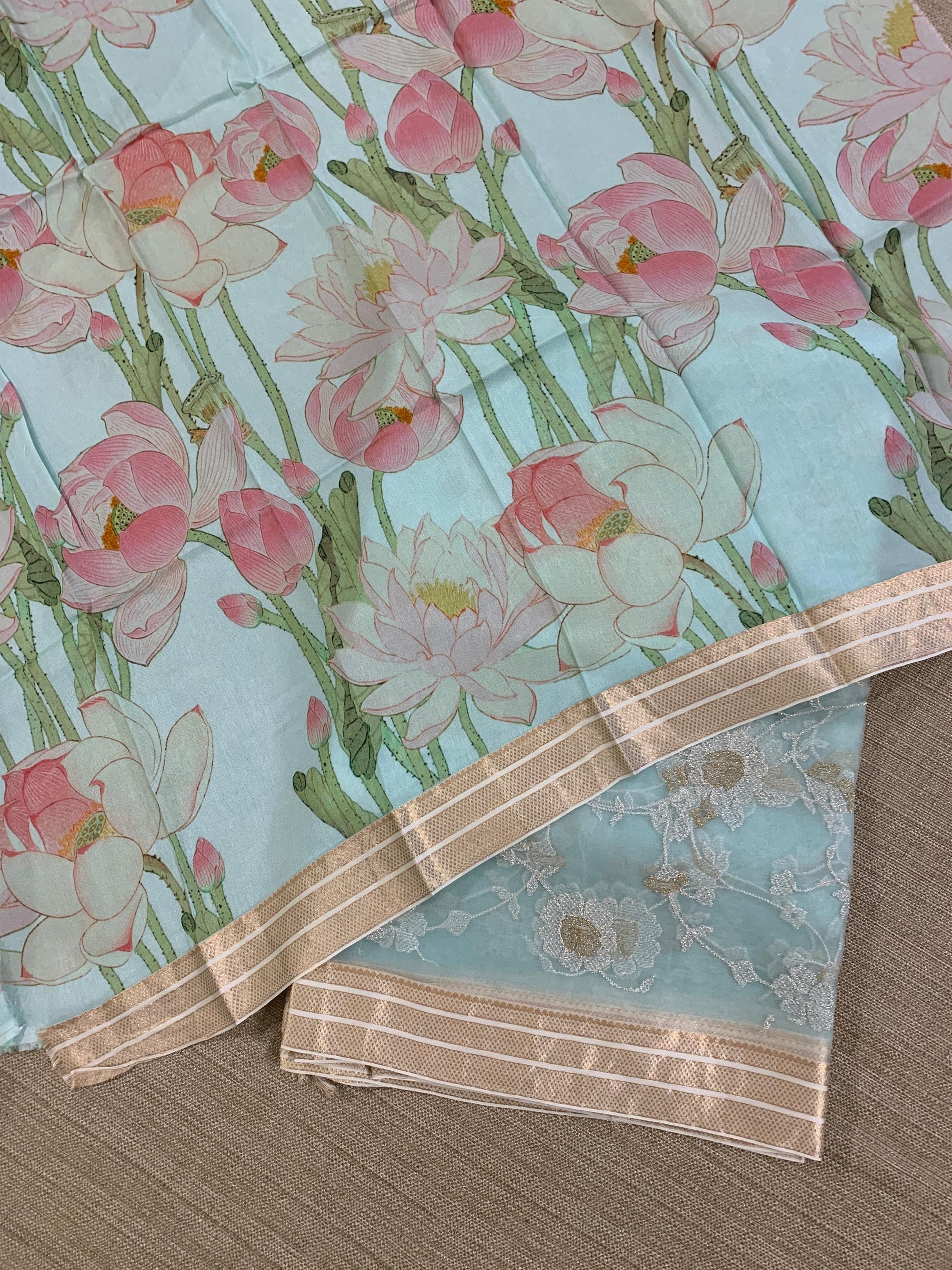 Baby Blue Muslin allover embroidered Saree with pichwai printed blosue