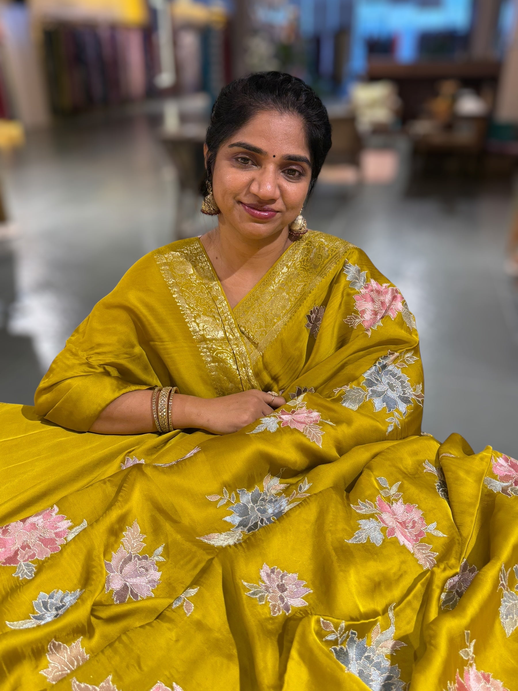 Lemon Greenish Yellow Mashru Satin Saree with Allover Floral embroidery