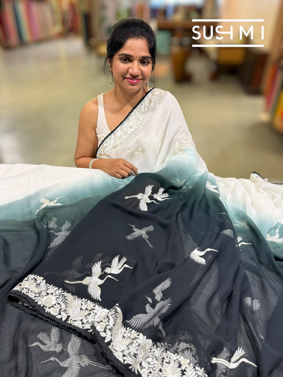 Black Ombre dyed chiffon saree with parsigara embroidery : S62F071