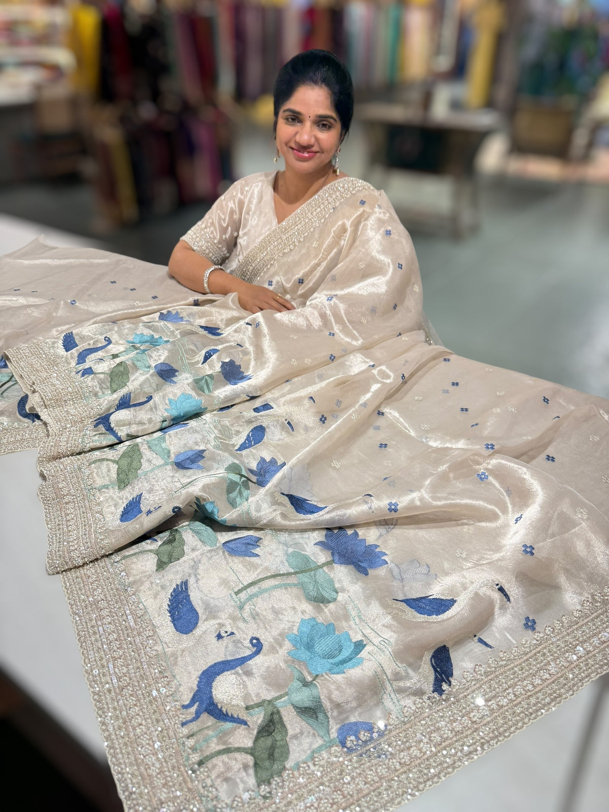 Silver Tissue Designer Saree with heavy handwork and embroidery