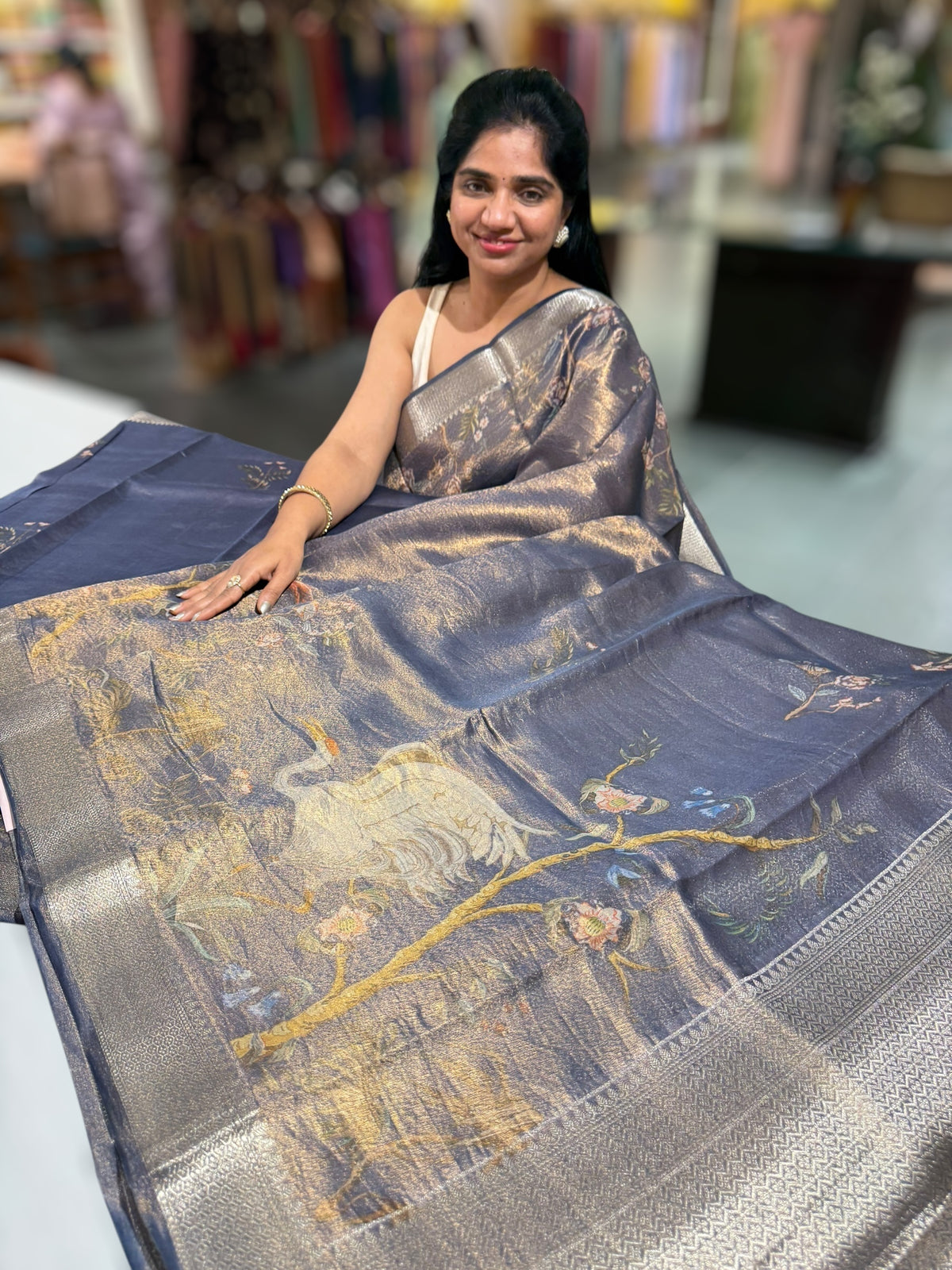 Midnight Blue Printed Banarasi Cotton Tissue