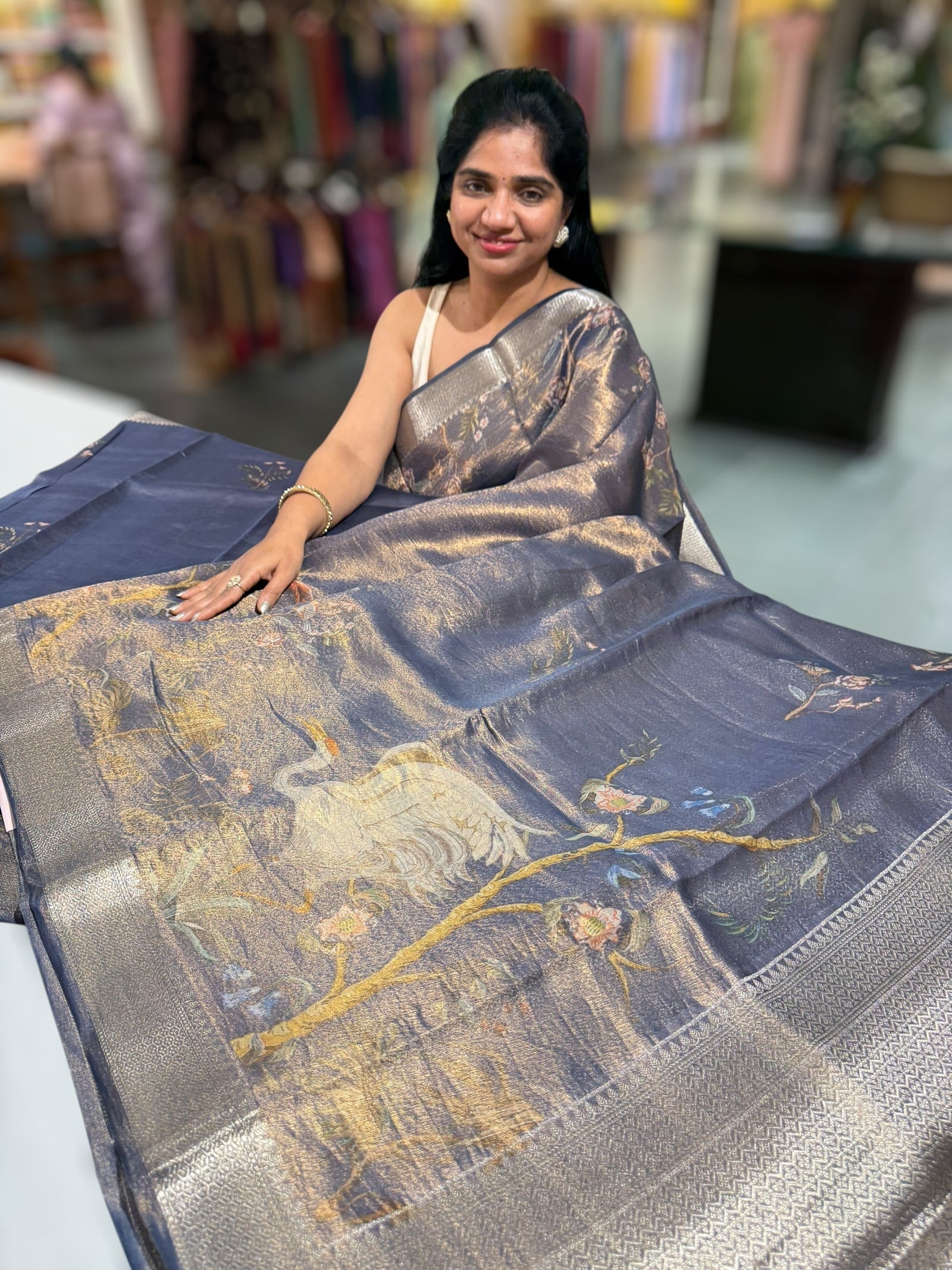 Midnight Blue Printed Banarasi Cotton Tissue