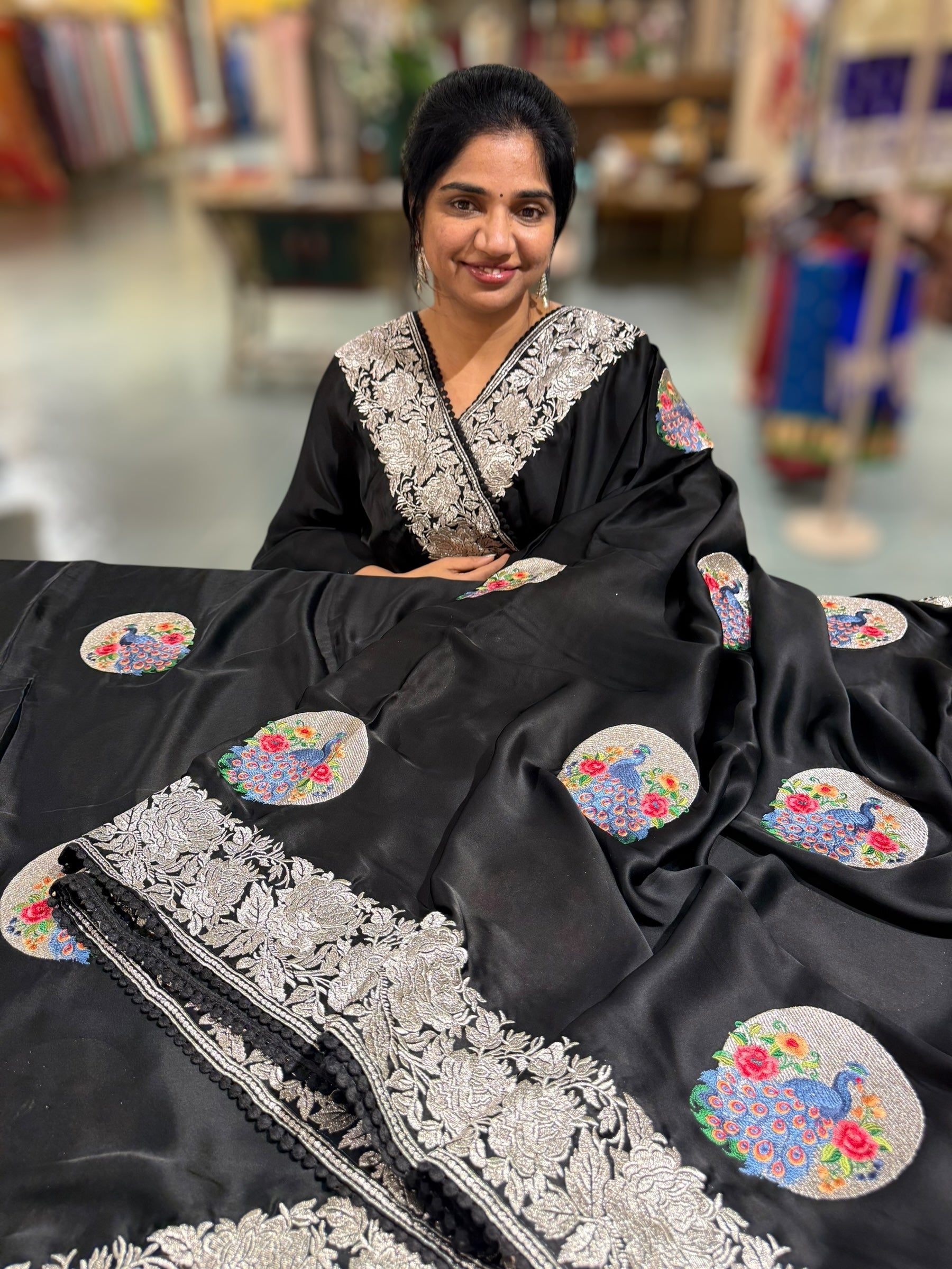 Black Designer Satin Saree with stunning embroidered border & motifs