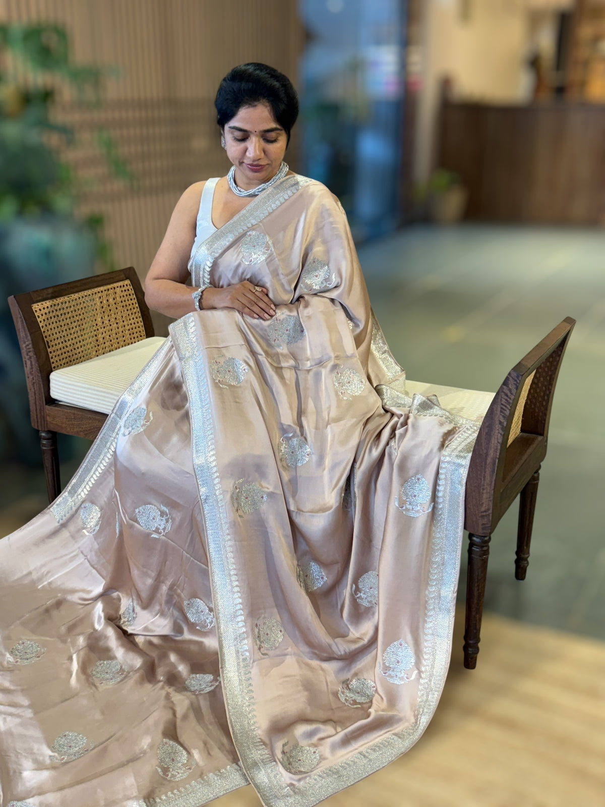 Nude Satin Saree with Embroidery.