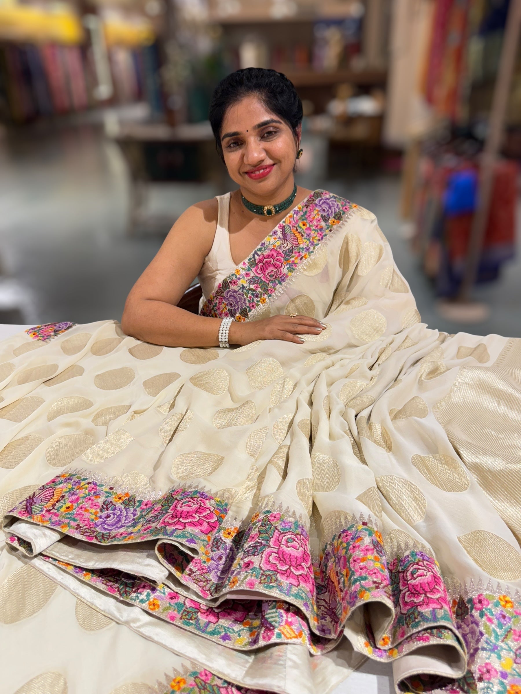 Halfwhite khaddi Chiffon Saree with allover zari weaving polka dots & Petite Point border