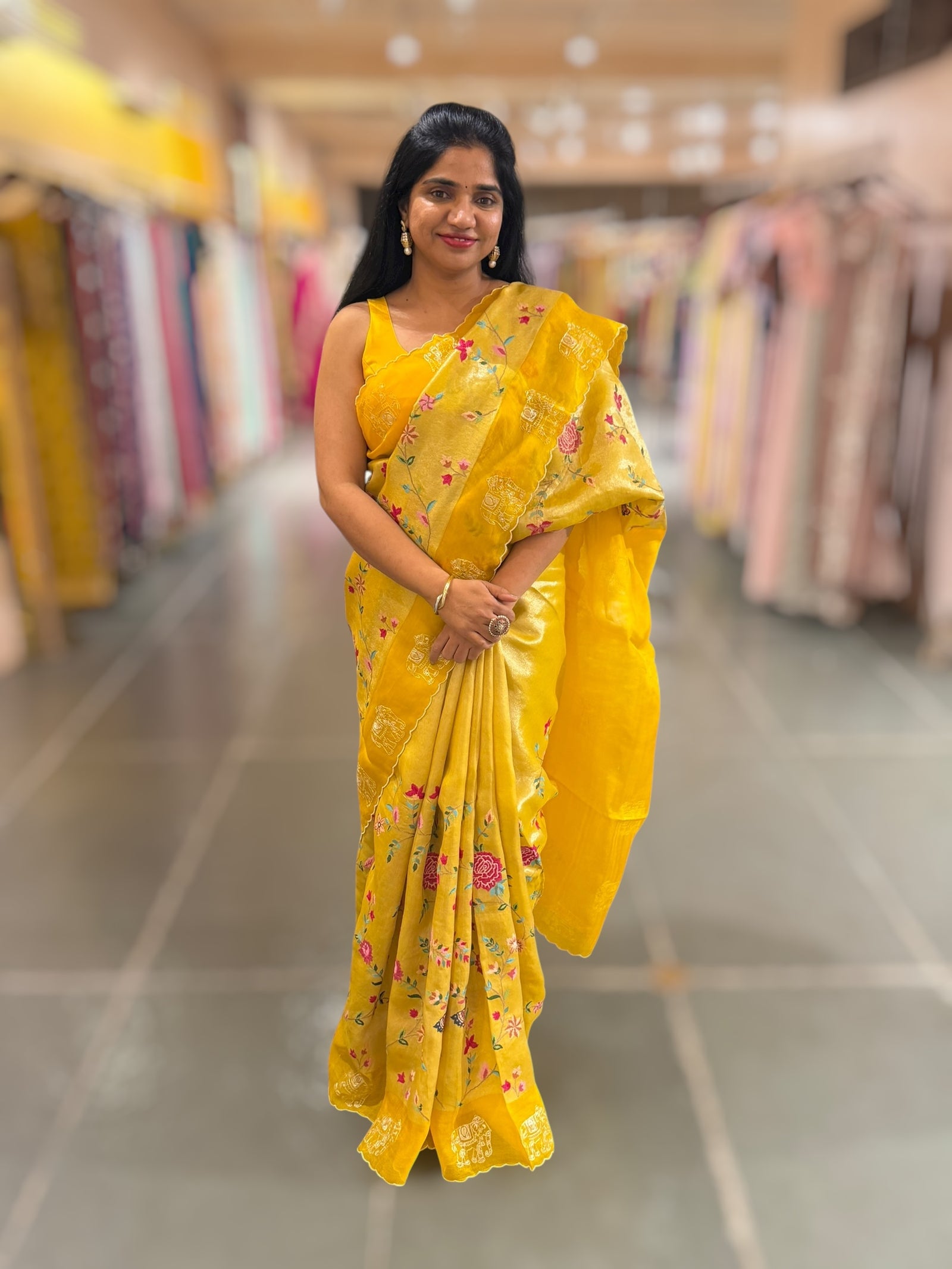 Mango Yellow Premium Handloom Designer Tissue saree with exquisite embroidery