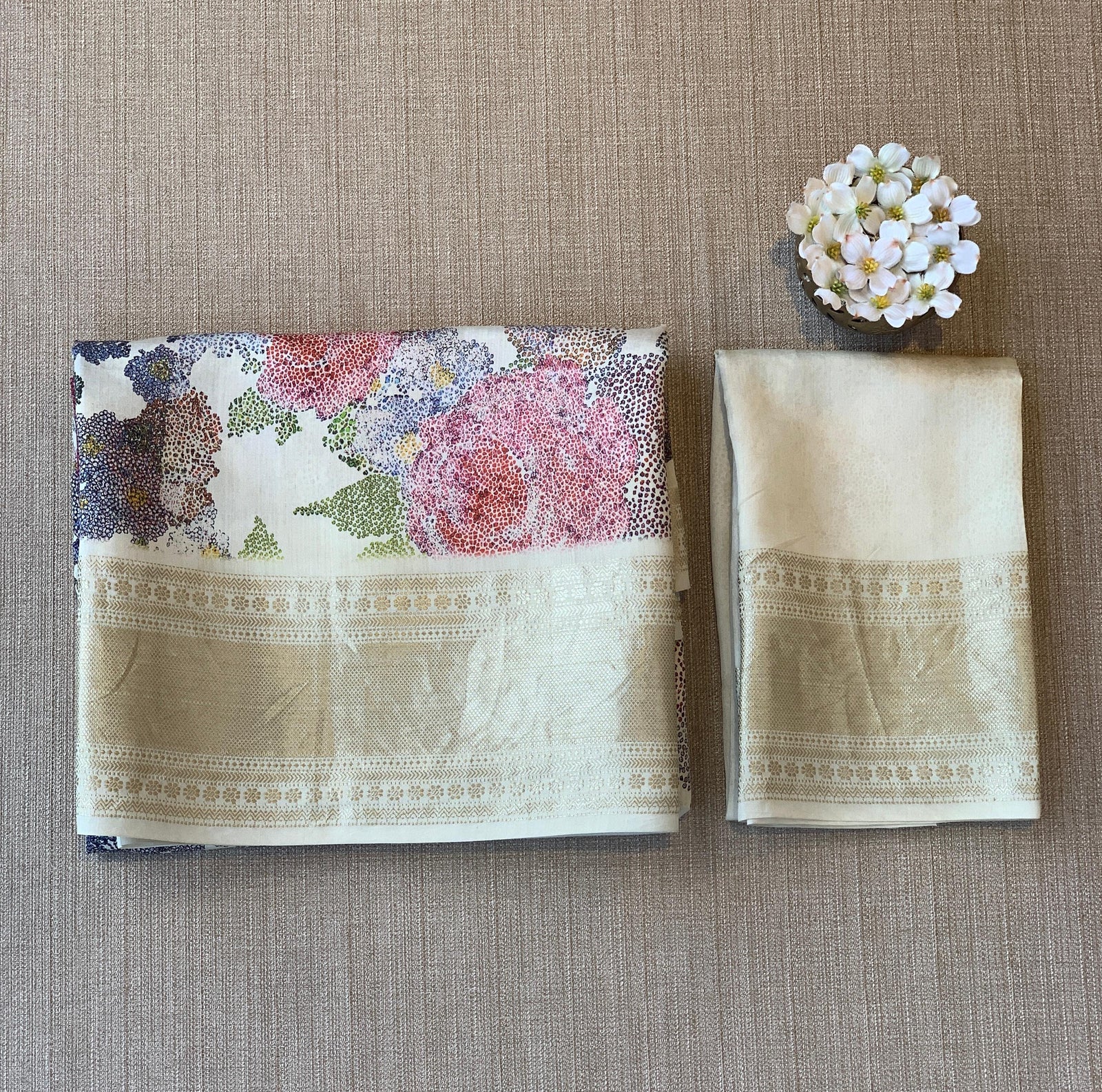 Ivory Pure Handloom Chiniya Silk Saree with stunning 3D Floral Print and zari borders