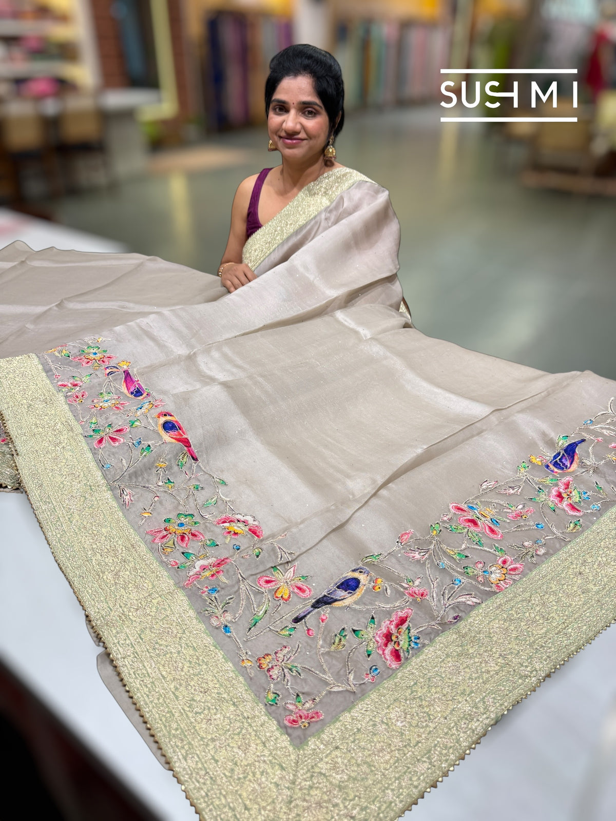 Muted Earthy Dove tone Organza Banarasi Fusion Saree with Bird Appliqué : SM022