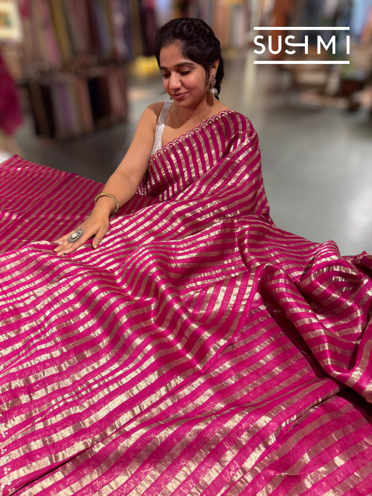 Beetroot Pink Mul tissue stripes saree with fusion blouse : D62138