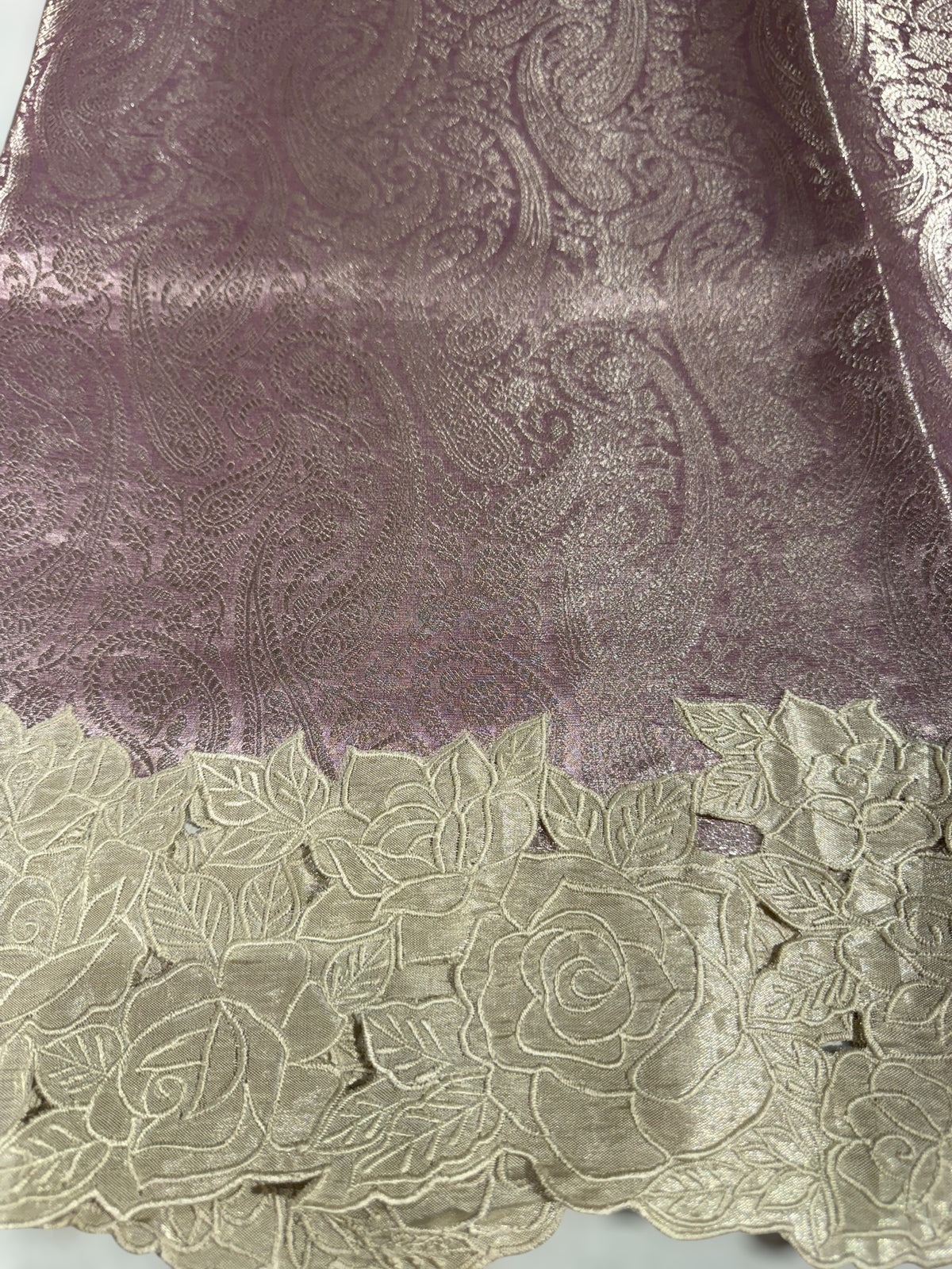 Lilac Tissue Brocade allover weaving Saree with Tissue Cutwork Rose Border