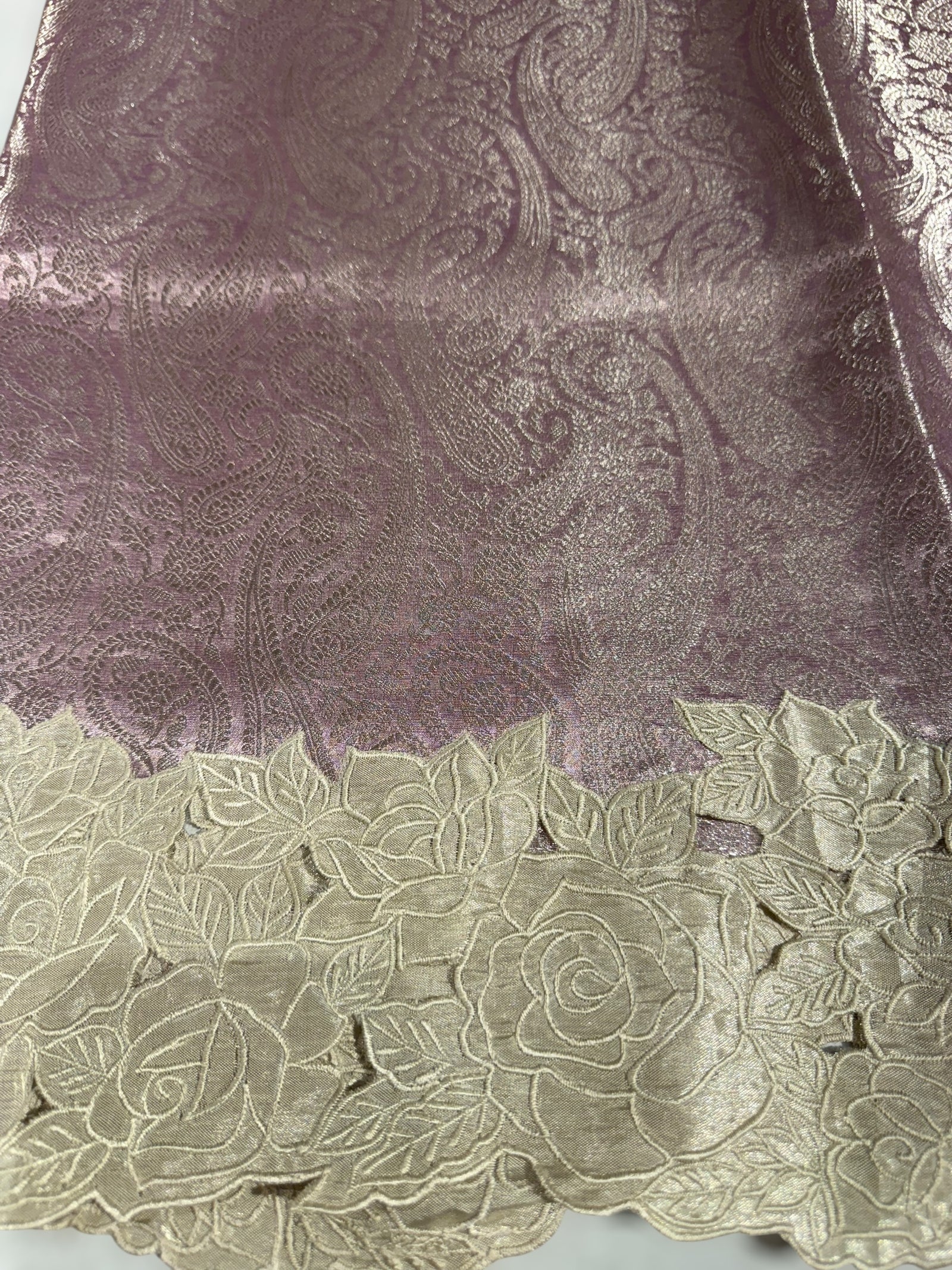 Lilac Tissue Brocade allover weaving Saree with Tissue Cutwork Rose Border