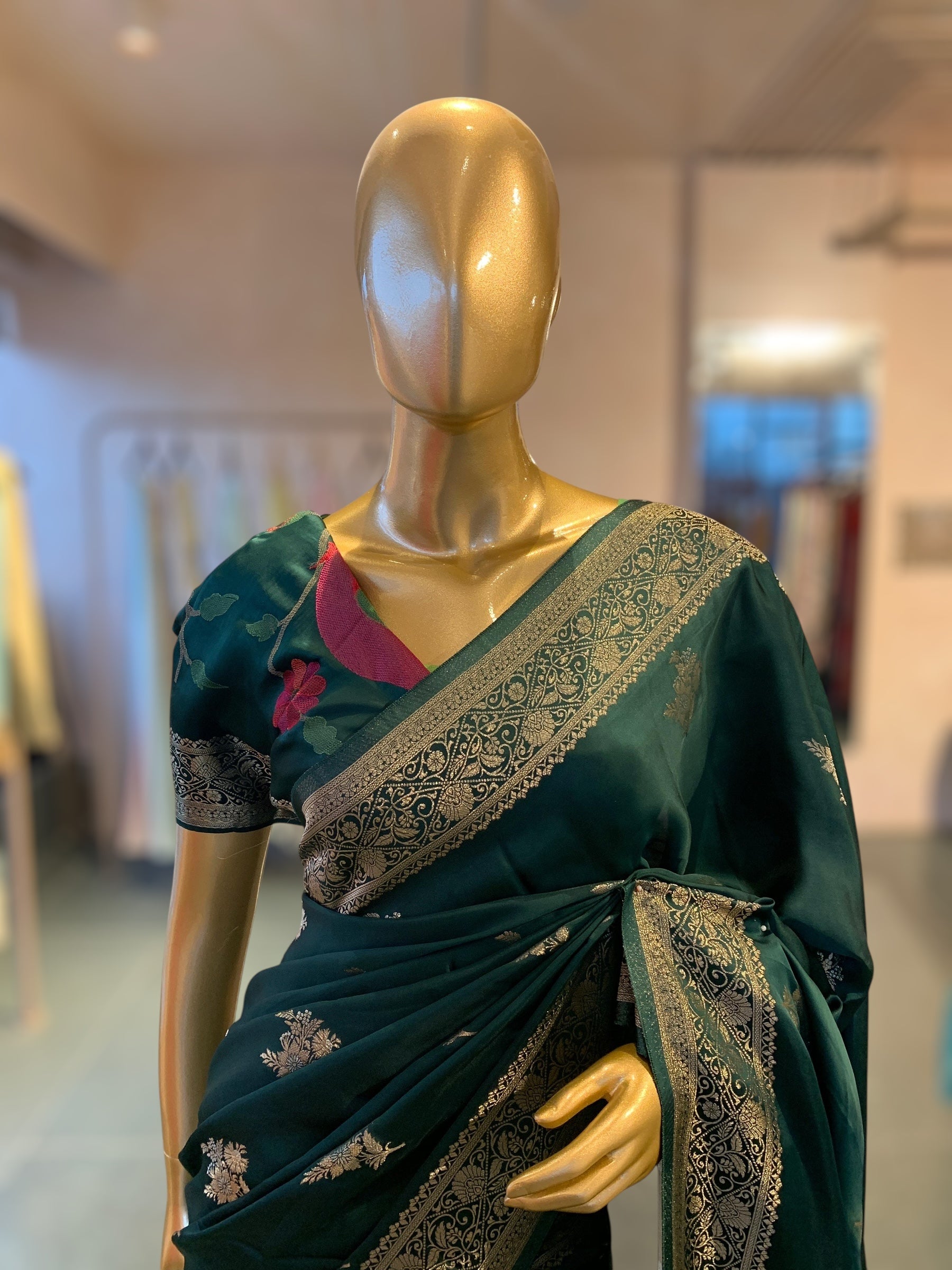 Forest Green Mashru Silk Saree with Paithani inspired embroidered blouse