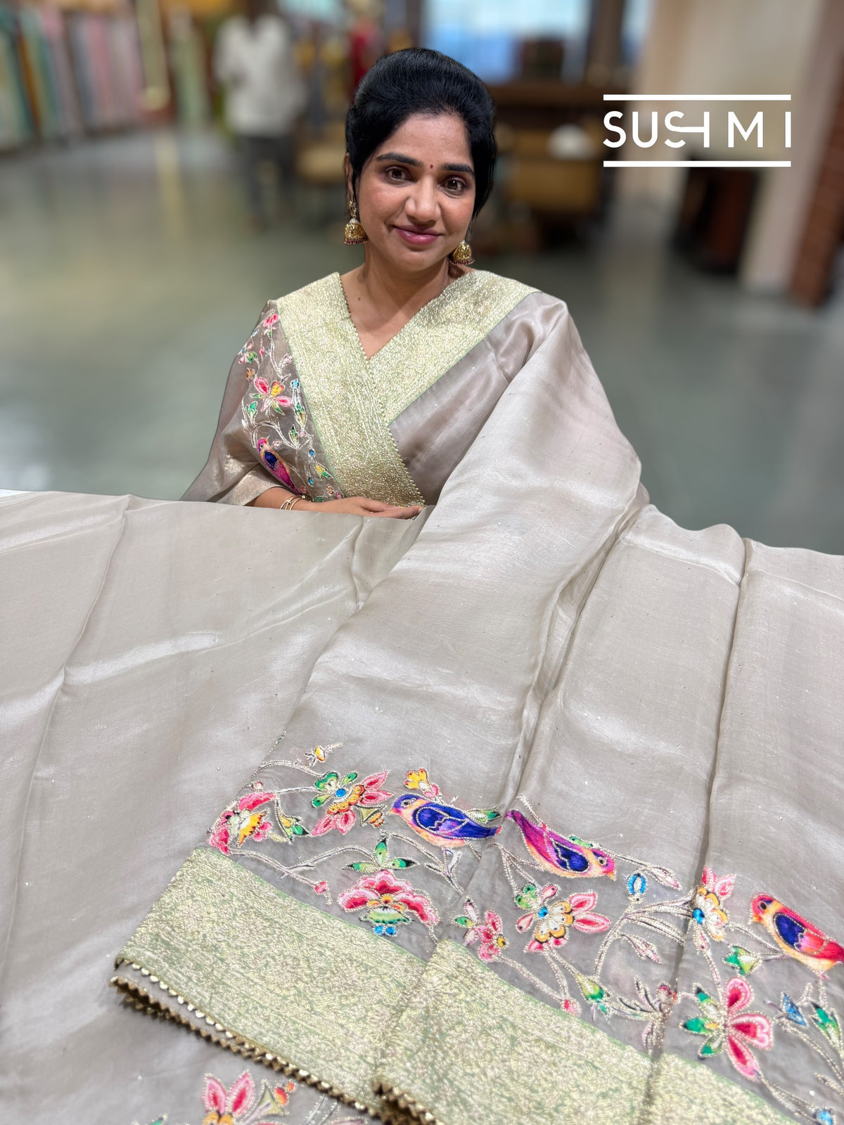 Muted Earthy Dove tone Organza Banarasi Fusion Saree with Bird Appliqué : SM022