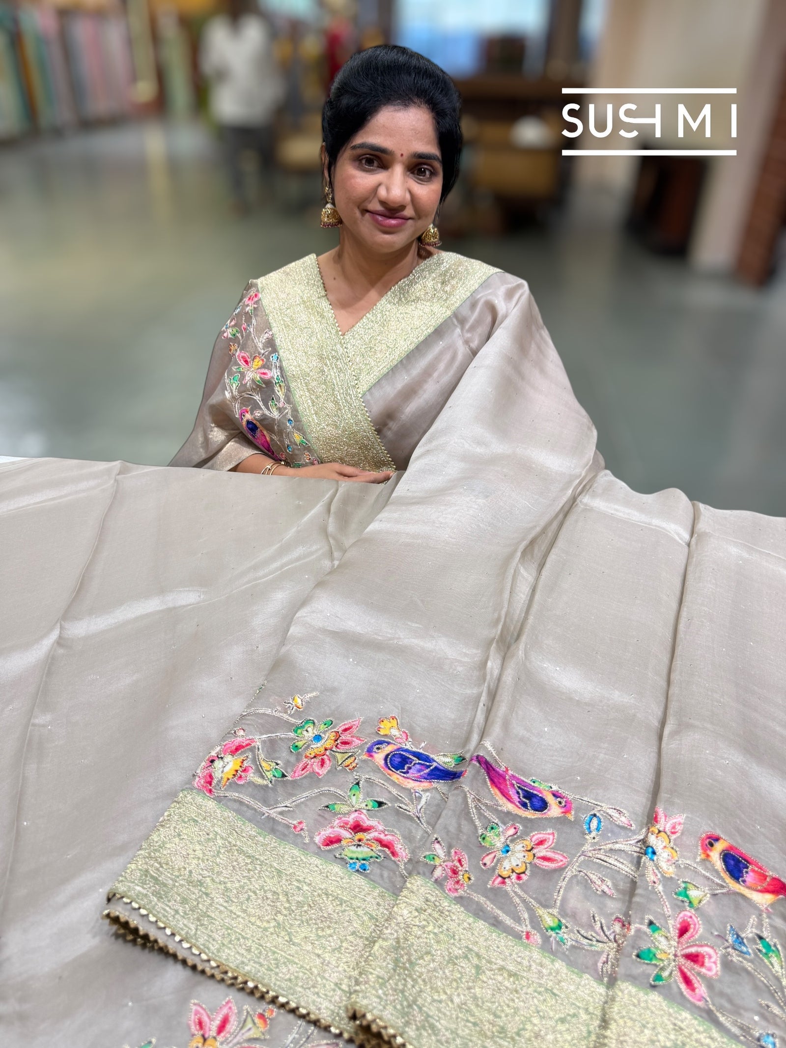 Muted Earthy Dove tone Organza Banarasi Fusion Saree with Bird Appliqué : SM022
