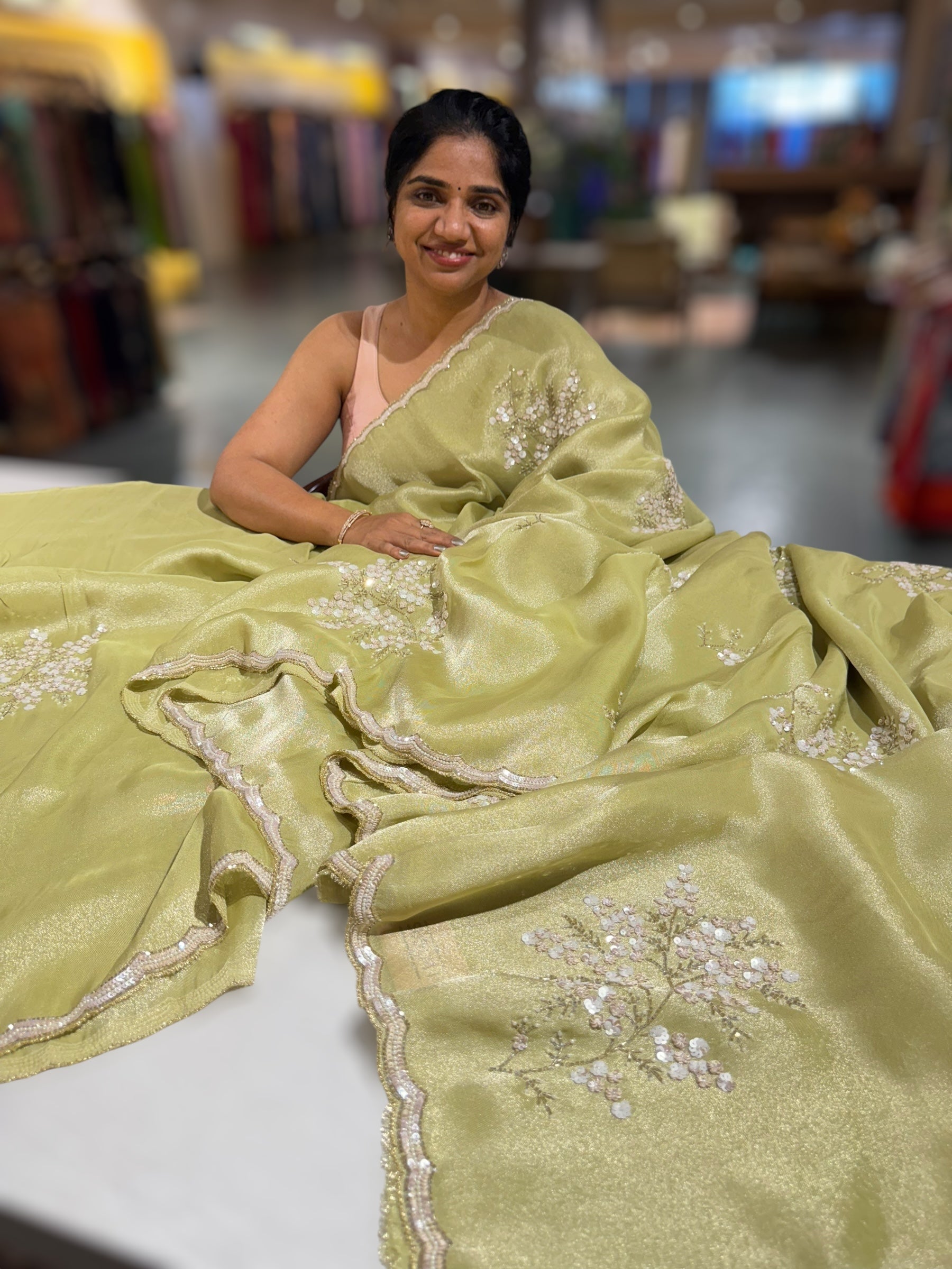 Tissue Gorgette Saree With Handwork Border and Blouse.