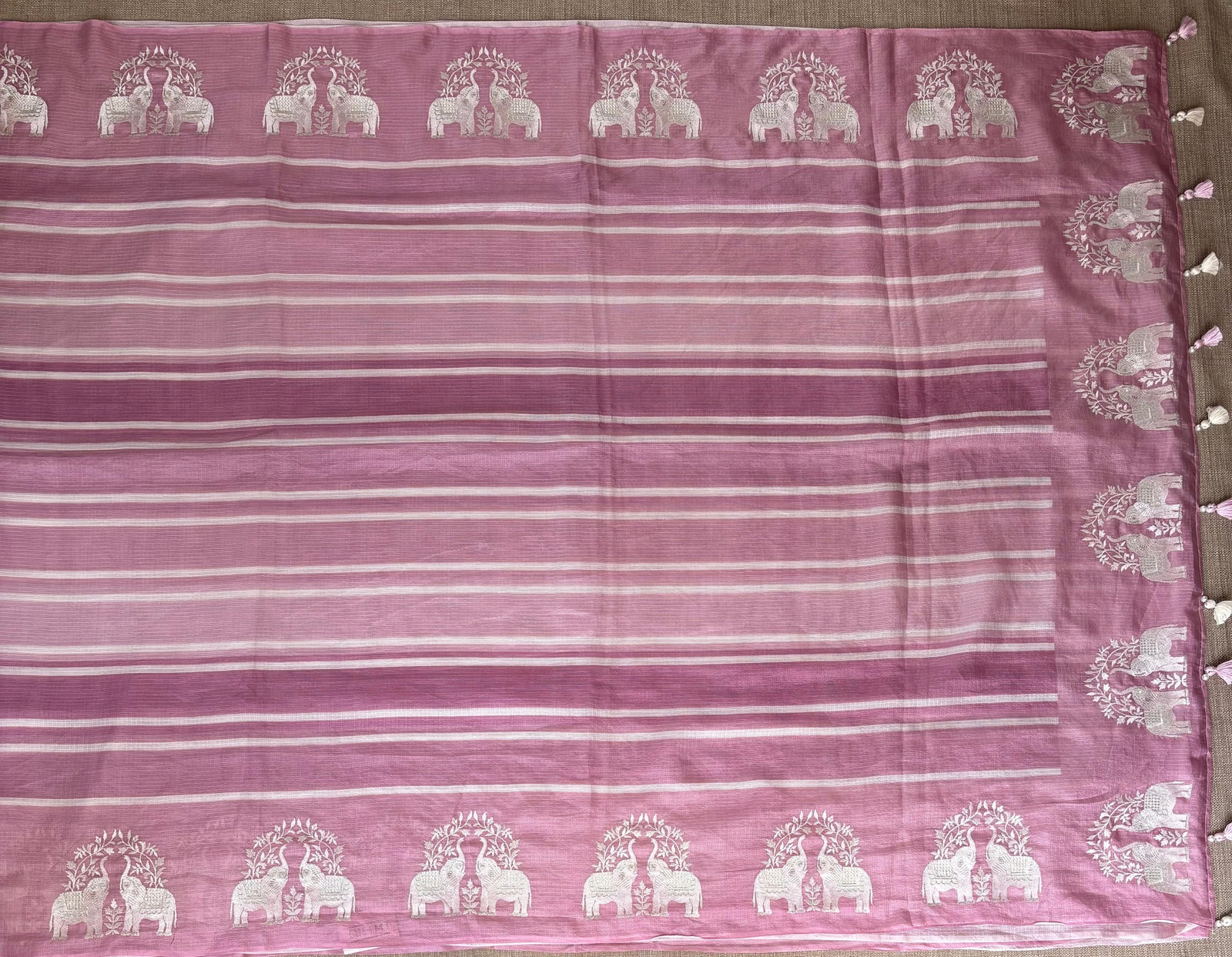 Dusty Pink Designer Silk kota saree with elephant embroidered border