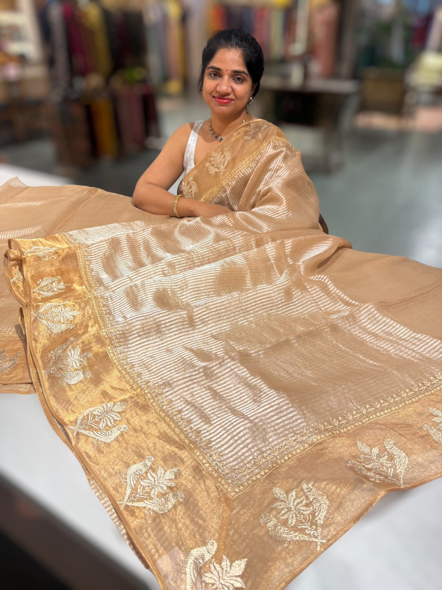 Gold Kora tissue silver stripes Saree with double parrot  embroidered tissue border