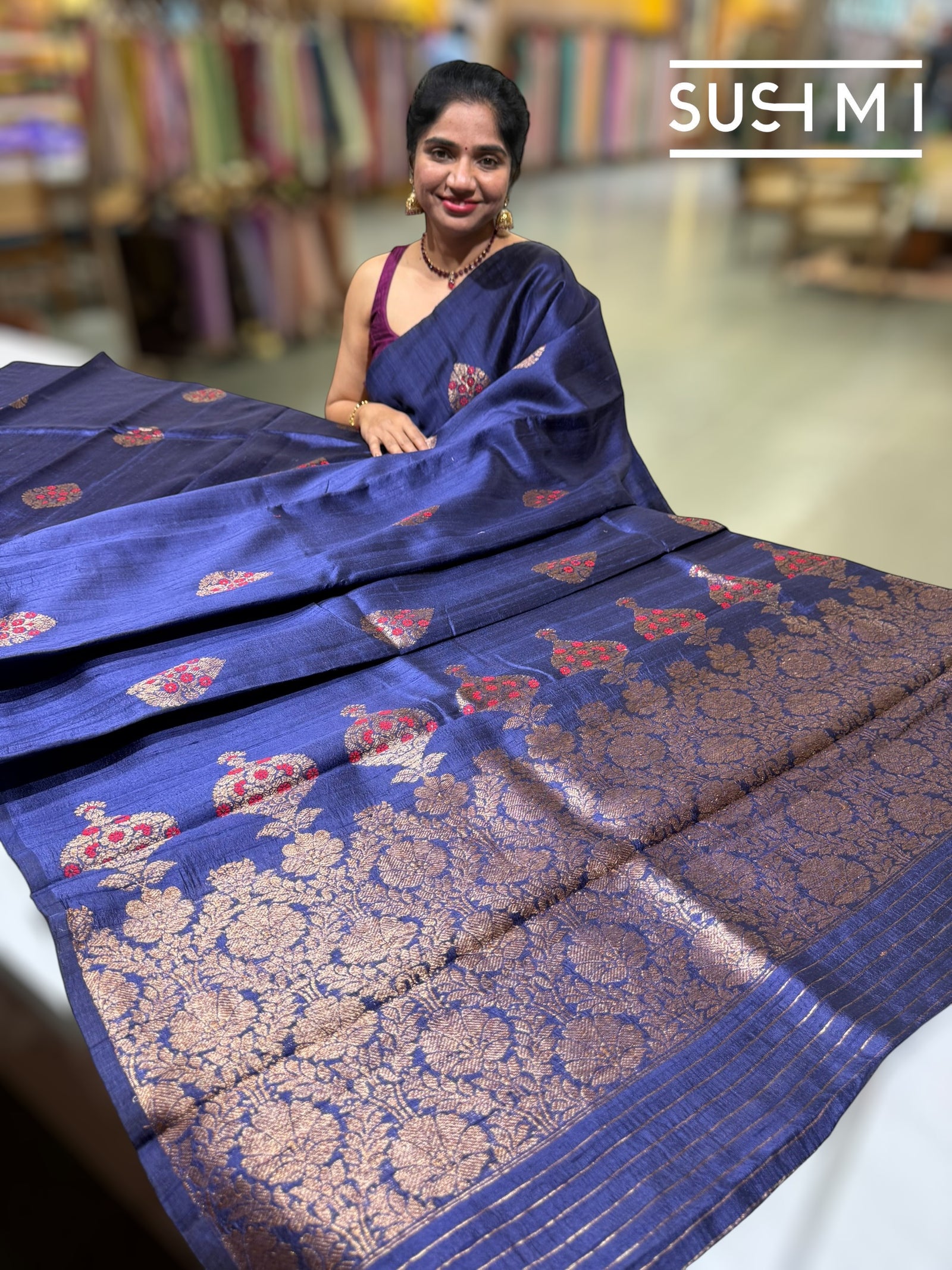 Midnight Blue Banarasi Handloom Dupion Rawsilk Saree : S62F109