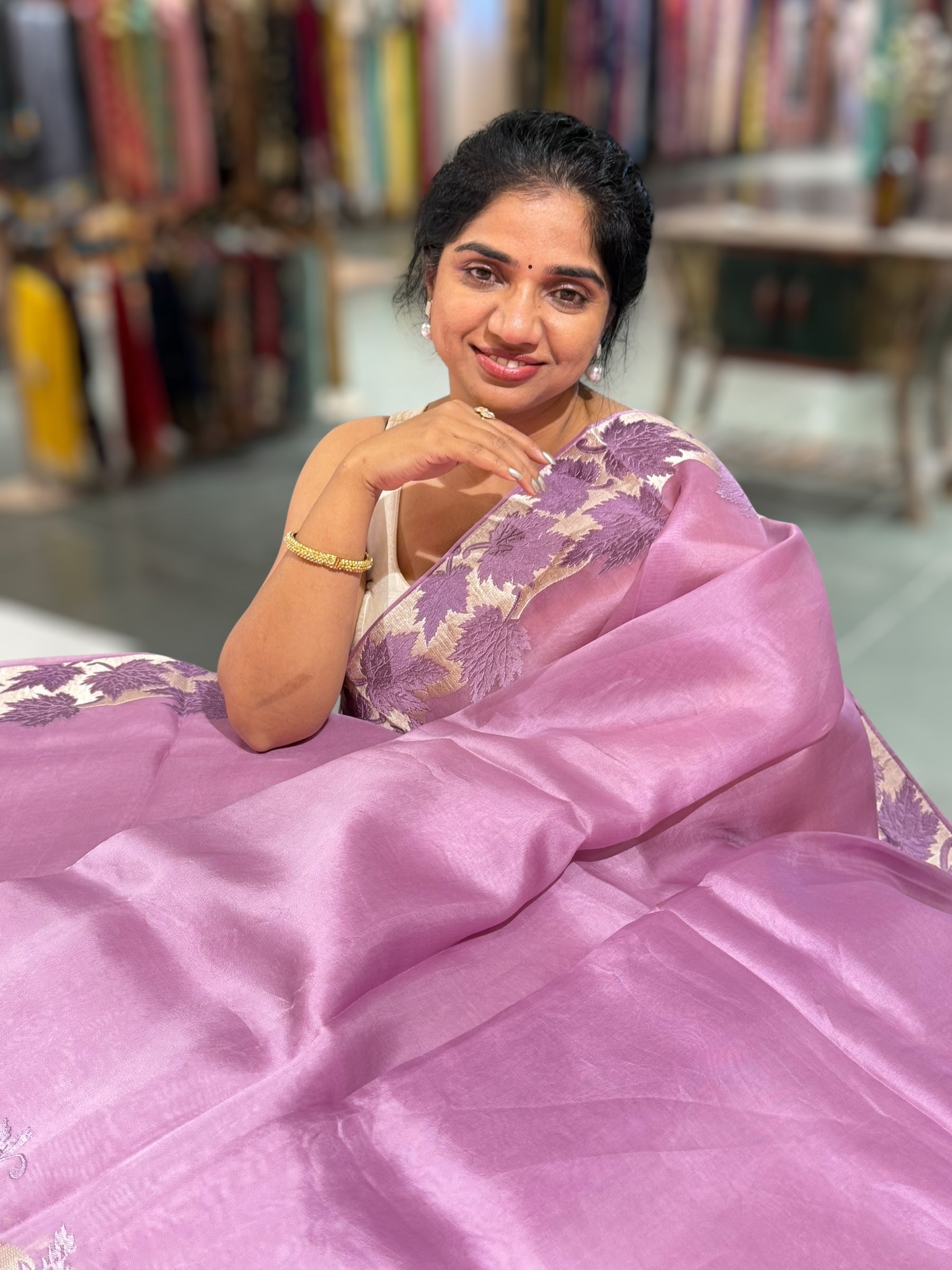 Lilac Organza Saree with Stunning Leaf Embroidered Border